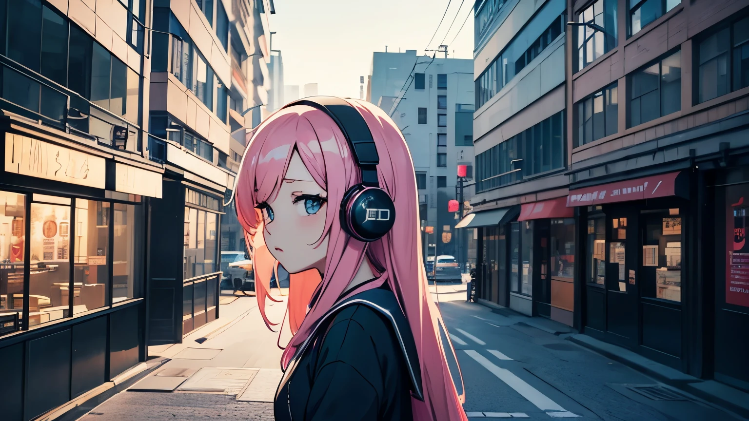 Anime girl with headphones, Pulling cityscape, drawing picture, Anime girl walking in the city during the day, sideways girl, anime style 4 k, lo-fi portrait, Lo-fi girl, anime style. 8K, Lo-fi art style, anime atmosphere, anime art wallpaper 4k, digital anime illustration, anime moe art style, anime style portrait