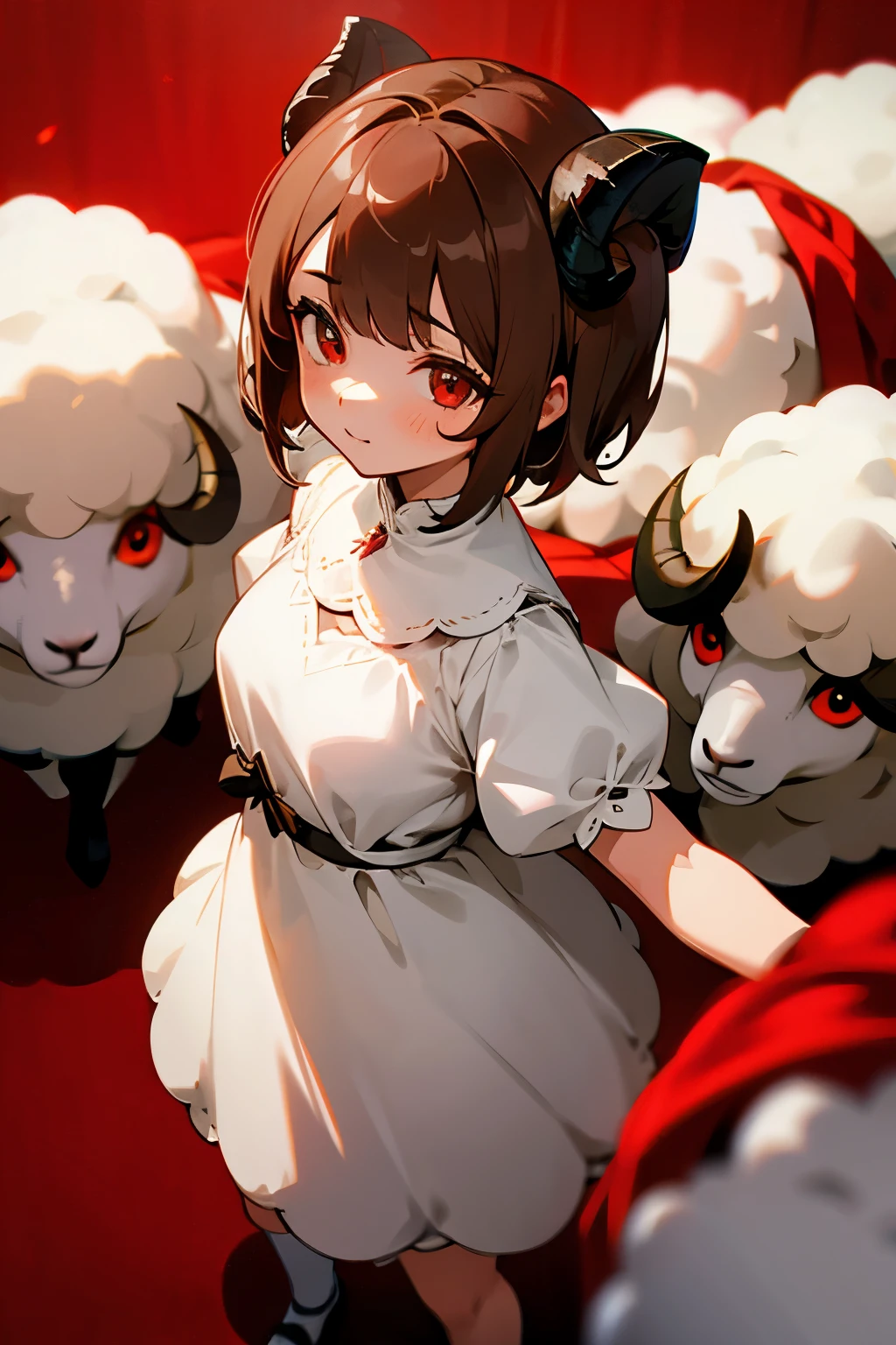 Girl, sheep horns, short brown hair, red eyes, white dress