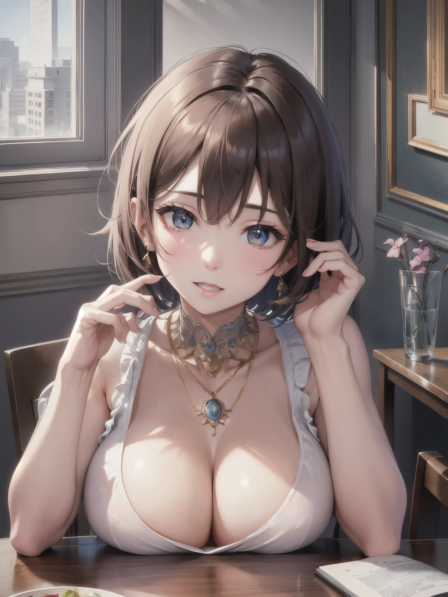 ((highest quality)),(ultra high resolution),(Super detailed),(detailed description),((best CG)),(best work of art),super precision art,amazing drawing art,(Art with precise details:1.5), (adult women:1.6),(beautiful and well-shaped face:1.5),(big breasts:1.7),(大きな胸をtableに乗せる:1.6),(Short hair detailed and detailed:1.6),(sleeveless shirt:1.7),earrings, table:1.4,vase