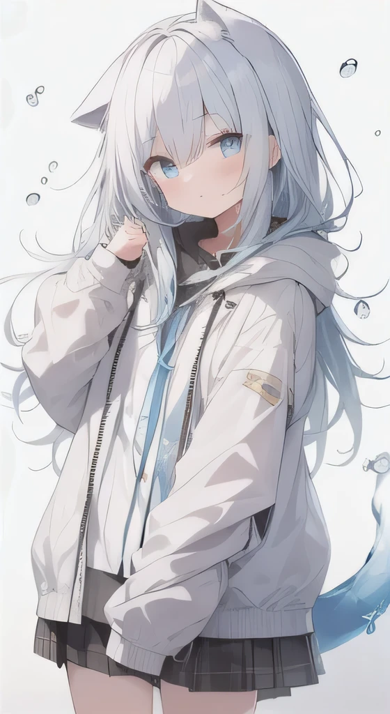 anime water hairの女の子 and blue eyes in a white jacket, water hair, perfect water hair girl, water hair deity, light blue hair, light blue girl, long hair anime girl, water hair lady, with long water hair, wavy water hair, ( ( wearing a long coat ) ), water hairの,Cat ear