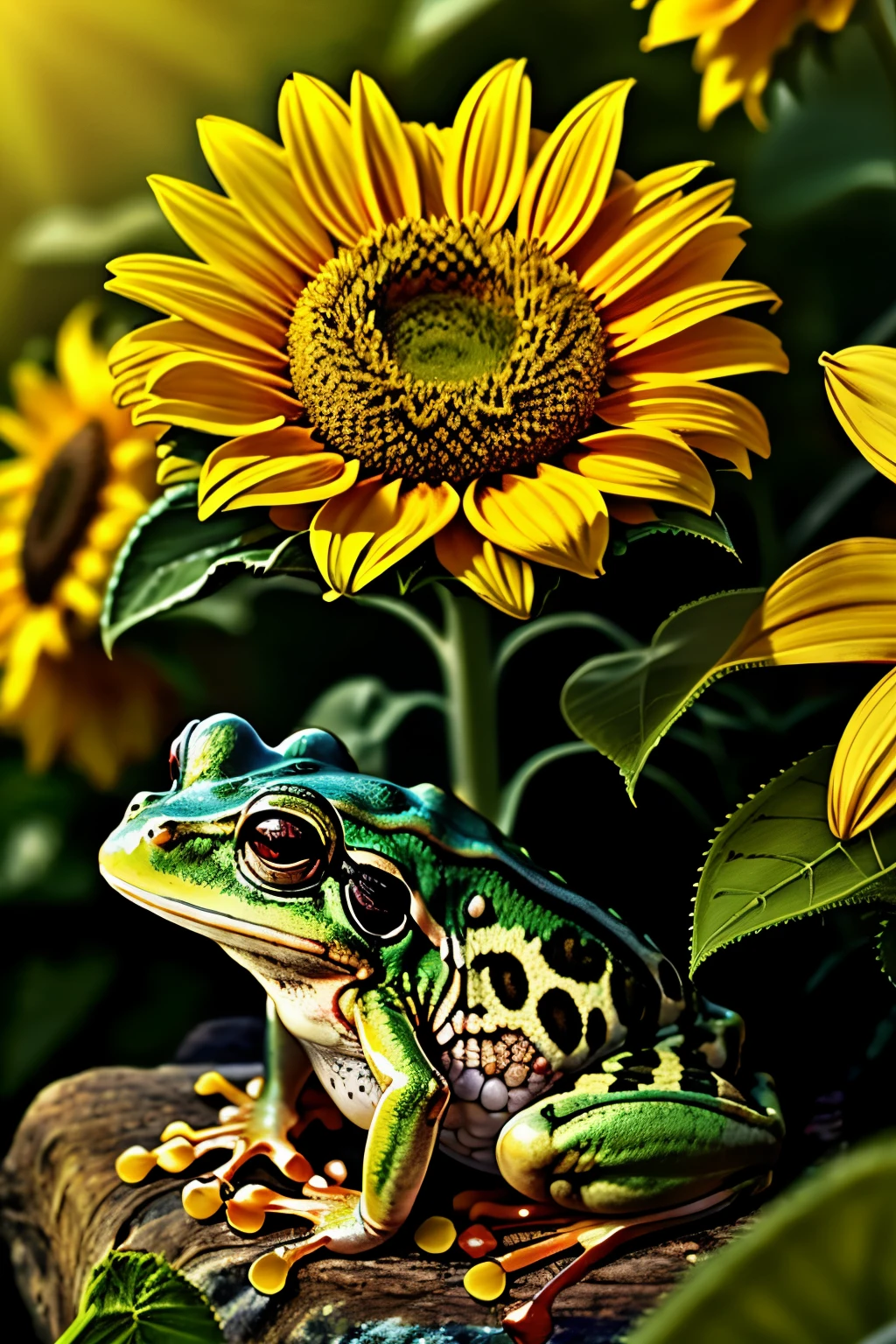 frog, jamaica flag background，sunrise, flower field,sunflower