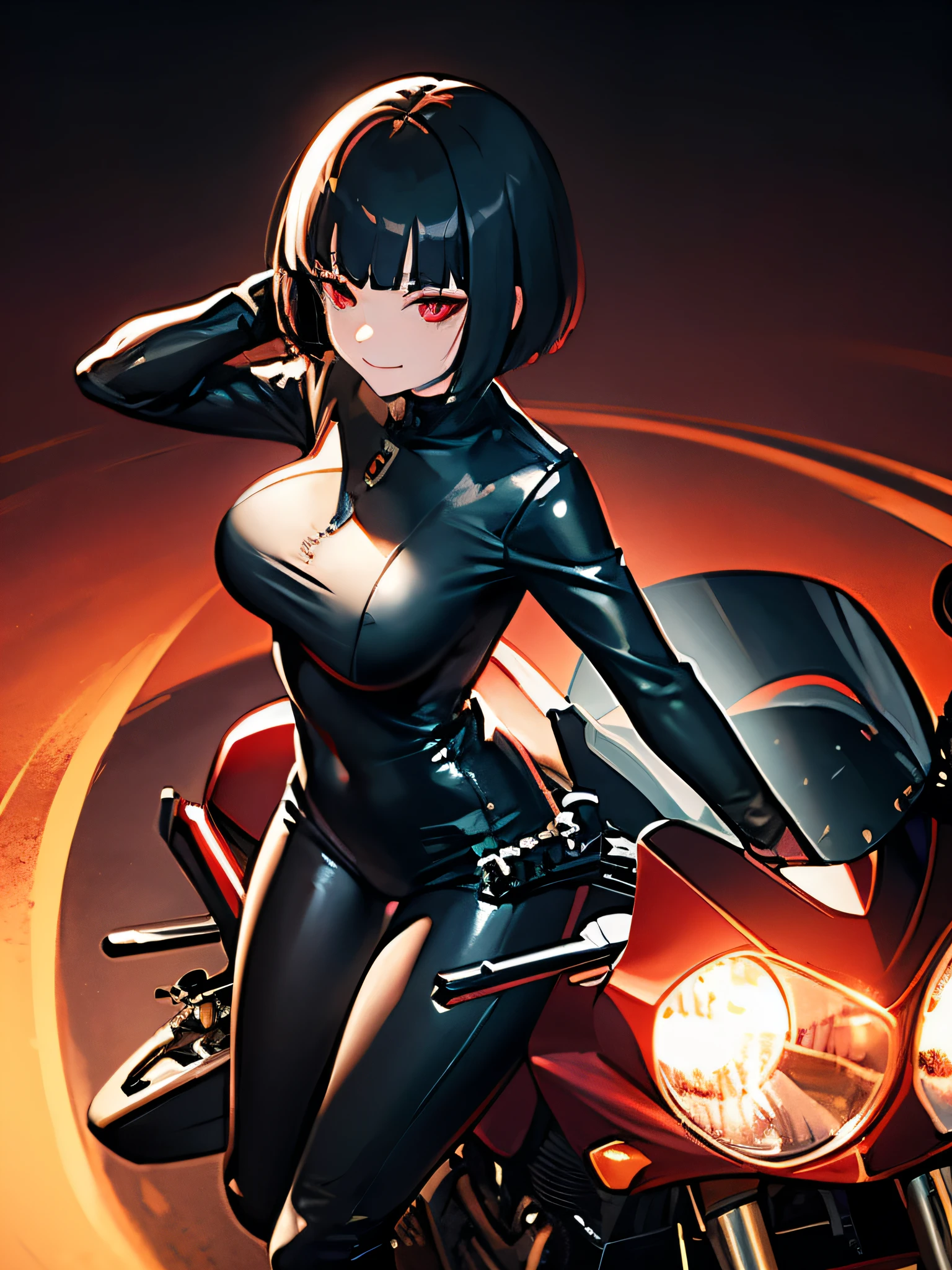 whole body,
1 girl,
blunt bangs,
short hair,
large breast,
black hair,
red eyes,
evil smile,
front view,
from above,
black shiny catsuit,
leather boots,
riding mortorbike,
night,
highway,
car light,