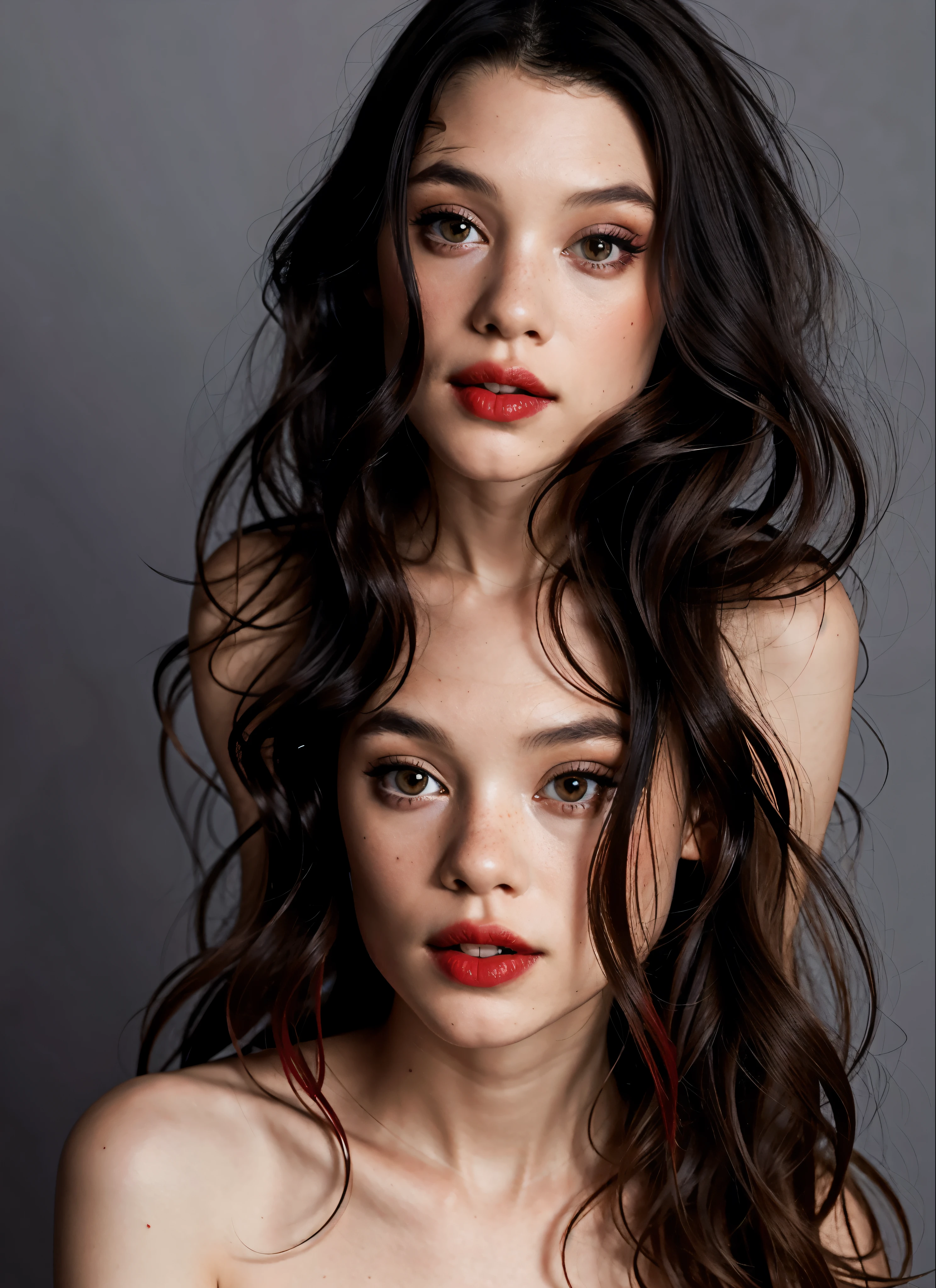 AstBrgs, a completely nude woman with long hair and red lips and makeup, grey background, epic character composition,