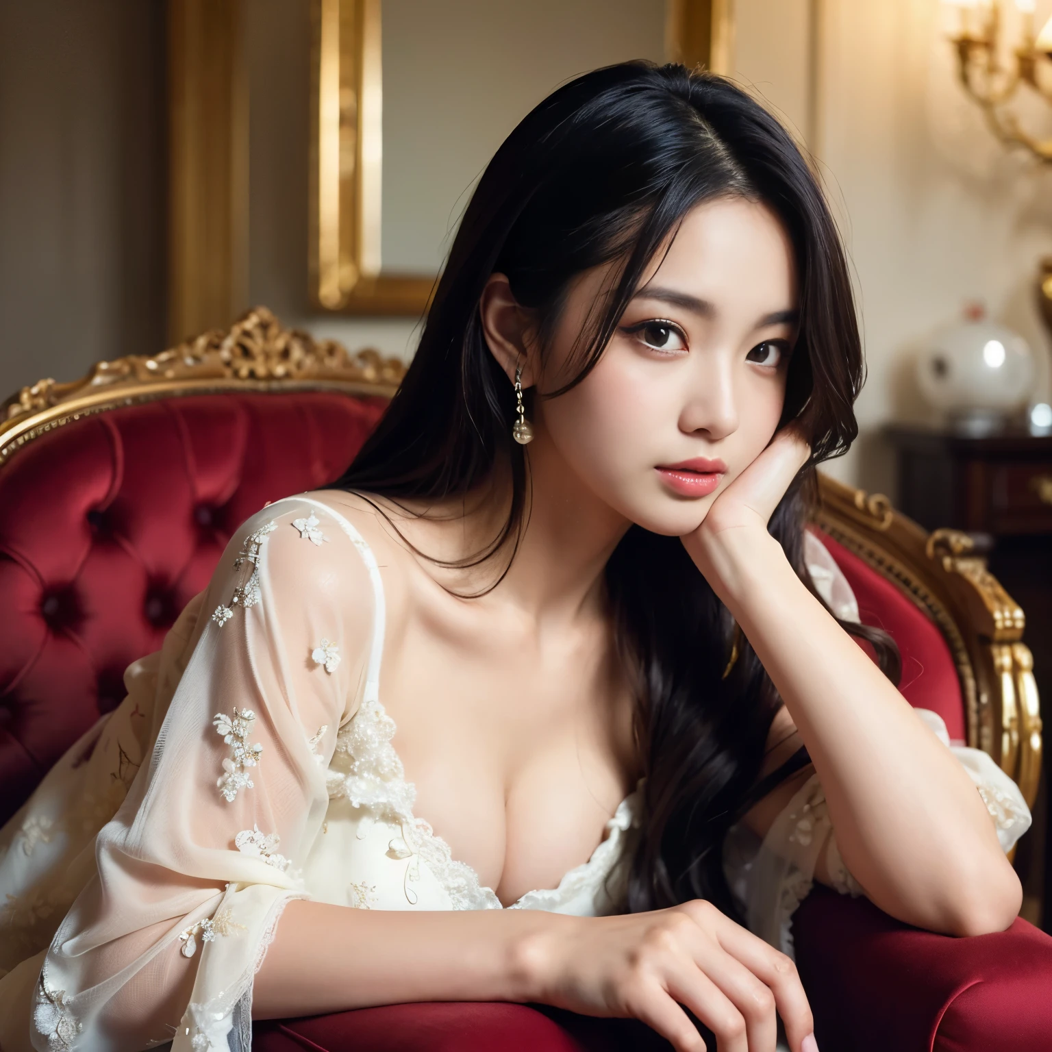 Best-quality, Masterpiece, Ultra-High-Resolution, (Photorealistic:1.4), Raw-Photo, 1girl, the most famous Japanese actress, wearing luxury-clothes, extremely beautiful big-black-eyes, extremely beautiful face, extremely beautiful hair, extremely beautiful long-eyelashes, extremely beautiful lips, extremely beautiful skins, looking at viewer, sitting on luxury-chair, sexy-pose, detailed beautiful-big-black-eyes, detailed beautiful-face, detailed luxury-chair, detailed luxury-clothes, detailed beautiful-hair, detailed beautiful-skins, detailed beautiful-long-eyelashes, detailed beautiful-lips, detailed sexy-pose