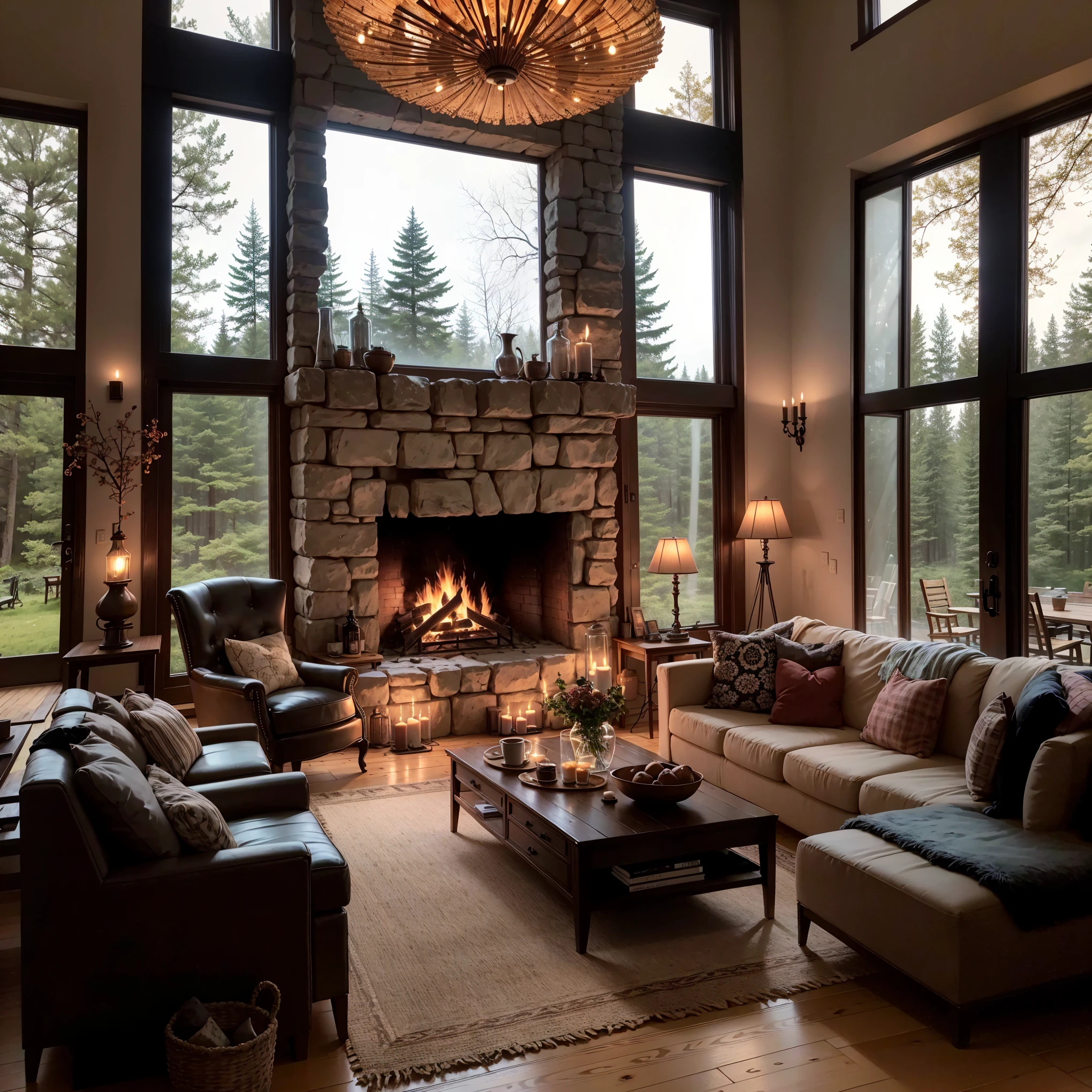 THIS EVENING WOODEN CABIN LIVING ROOM ANIME BACKGROUND, (COZY ATMOSPHERE), (SUBTLE LIGHTING), BRIGHT STONE FIREPLACE FIRE, LIONSKIN RUG THIS EVENING BEST QUALITY, TRANSPARENT GLASS WINDOWS