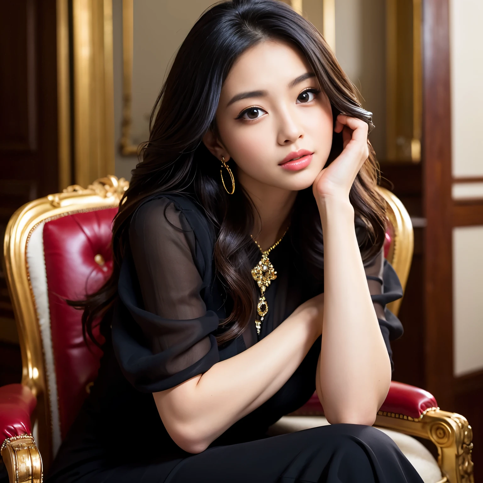 Best-quality, Masterpiece, Ultra-High-Resolution, (Photorealistic:1.4), Raw-Photo, 1girl, the most famous Japanese actress, wearing luxury-clothes, extremely beautiful big-black-eyes, extremely beautiful face, extremely beautiful hair, extremely beautiful long-eyelashes, extremely beautiful lips, extremely beautiful skins, looking at viewer, sitting on luxury-chair, sexy-pose, detailed beautiful-big-black-eyes, detailed beautiful-face, detailed luxury-chair, detailed luxury-clothes, detailed beautiful-hair, detailed beautiful-skins, detailed beautiful-long-eyelashes, detailed beautiful-lips, detailed sexy-pose