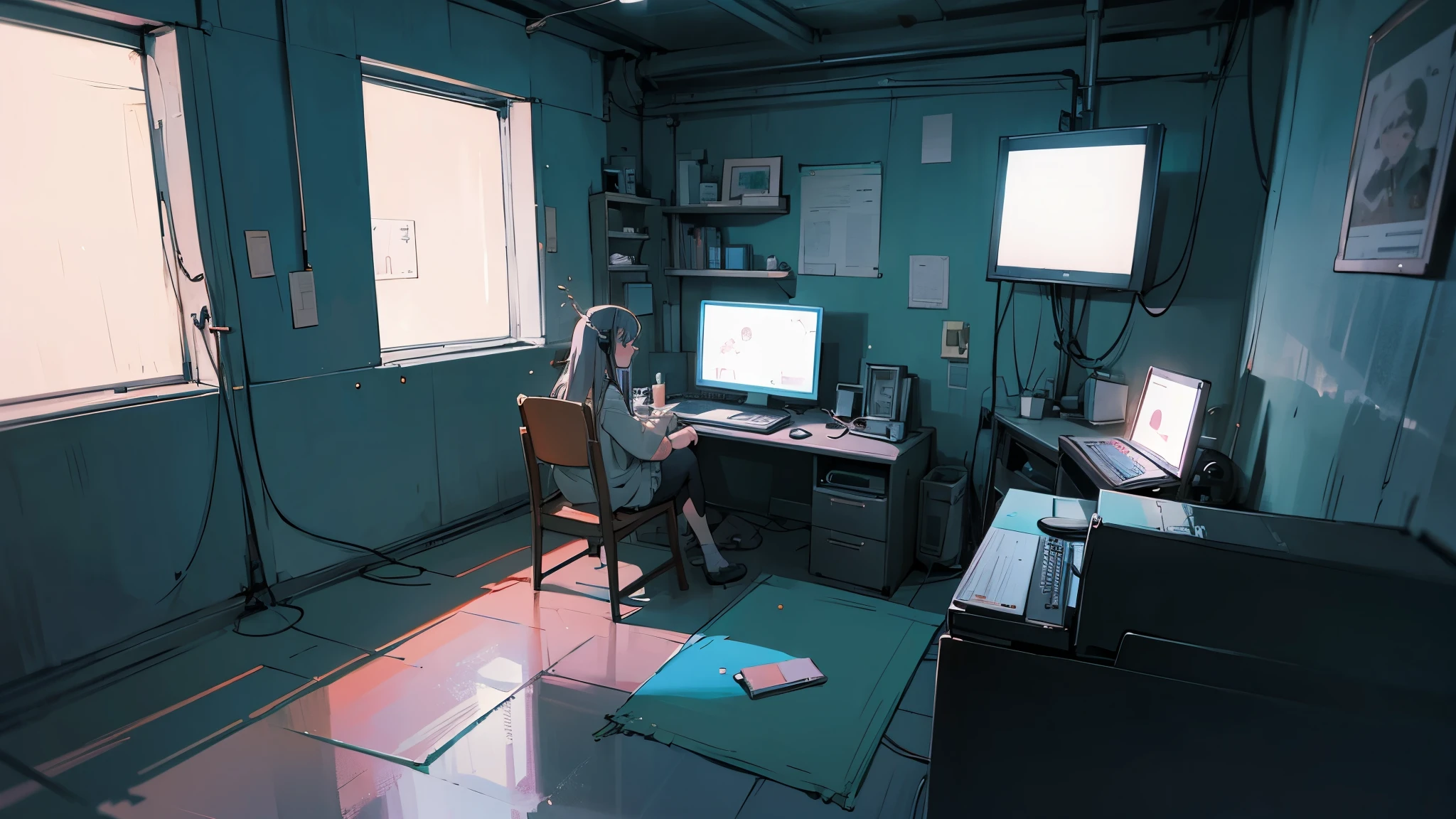 night、Girl listening to music in a cozy room, Using headphones, Anime-style 2D, lo-fi, hard disk, dark environment