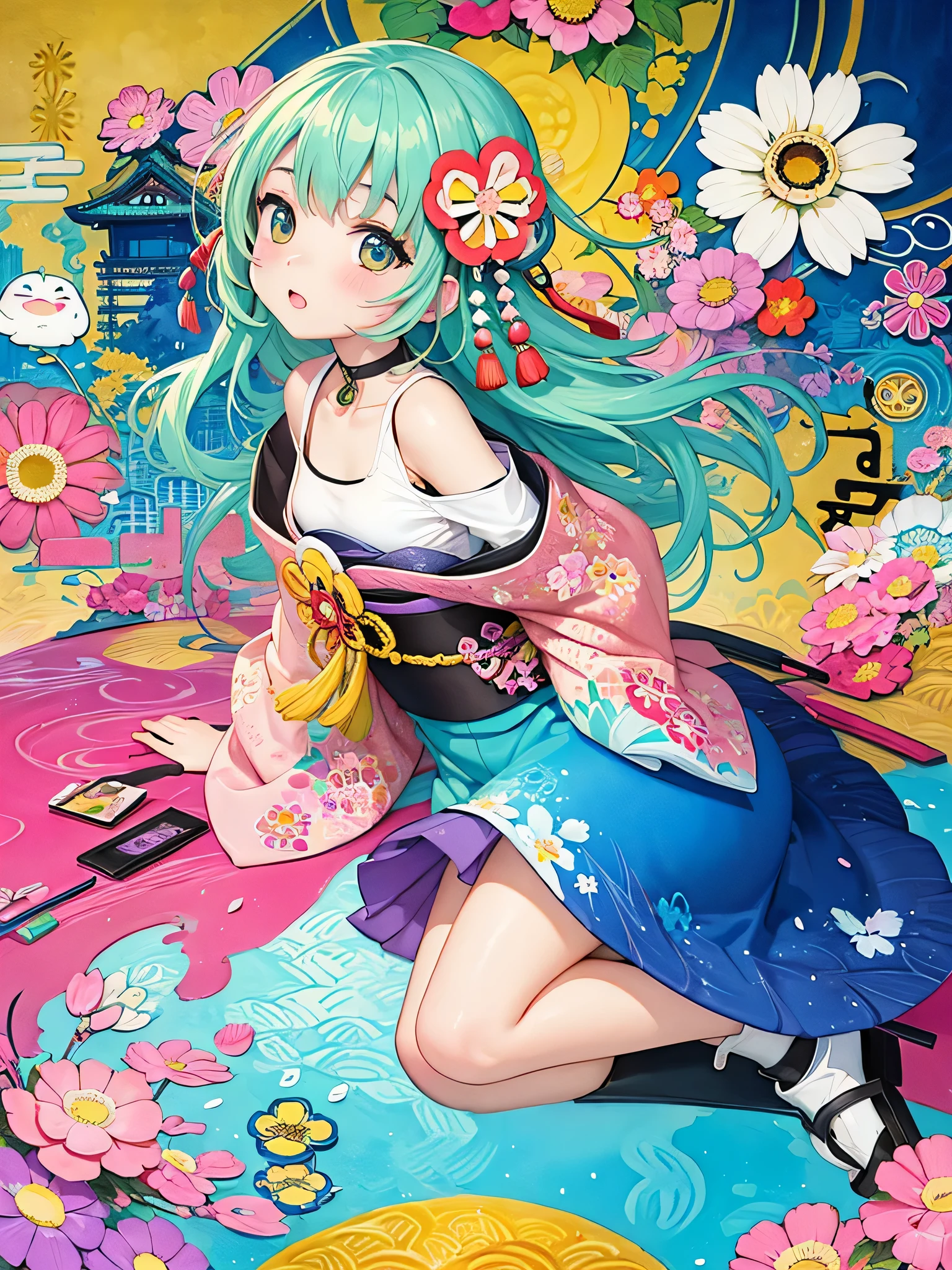 8K quality, Takashi murakami style, Kawaii Design, intense watercolor, watercolor detailed art, watercolor splash, surreal, avant-garde pop art, Beautiful and expressive paintings, Beautiful artwork illustration, very colorful tones, wonderful, cool beauty, highest quality,official art, vector art,stylish design, (((The cutest girl))), (((Japanese)))、(((highest quality))), HDR, ((Detailed details)), (((graffiti art))), ((masterpiece))、((Super detailed))、(((colorful flowers)))、(((Japanese cityscape)))