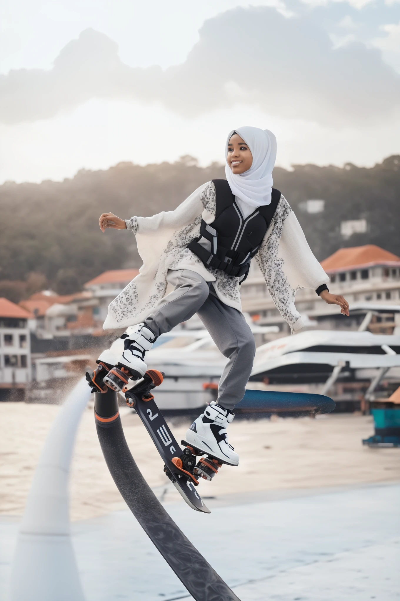 there is a woman riding a skateboard on a rail, hoverboard, hoverboards, great masterpiece, 🐋 as 🐘 as 🤖 as 👽 as 🐳, a woman floats in midair, incredible masterpiece, hijab, levitating, wearing jetpack, 🕹️ 😎 🔫 🤖 🚬, wonderful masterpiece, action sports, jetpack, serena malyon
