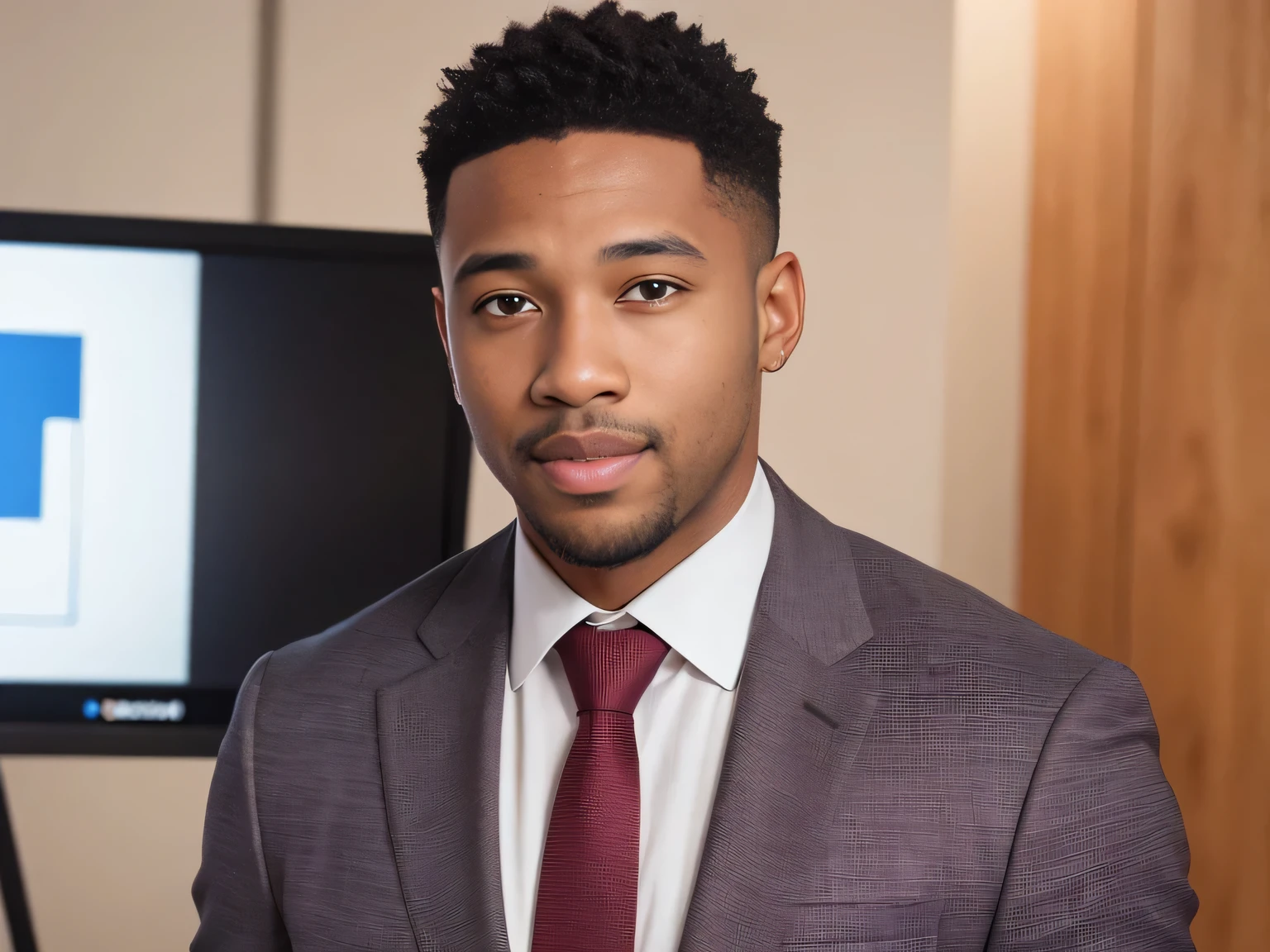 Realistic, (masterpiece, best_quality:1.1),symmetric portrait, looking at camera,1 black man, 24-years-old,young, low hair cut, no moustache,,zegna, Drop+7, Double vents, Notch lapels, Flap pockets, 2-button closure, Fully lined, well constructed, 100%+Wool, maroon(burgundy) suit, wearing a undercloth and tie, oxford knot, A professional black male news presenter, making engaging eye contact with the viewers, The studio background is sleek and modern, sitting behind broadcaster anchor desk, with no news graphics displayed on the screens in the background,ensure clarity and detail,hyperdetailed, photorealistic,