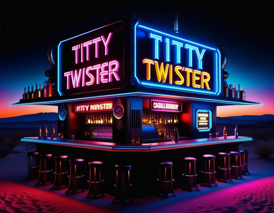 A bar in the desert at night . on the roof there is a neon sign "Titty Twister" (text "Titty Twister") with neon tits of women. At the bottom, the neon text "From Dusk Till Dawn" is a reference to the film "From Dusk to Dawn" by Tarantino, hyper detailed, Night New York city , sharp focus, studio photo, intricate details, highly detailed, close-up, neon ambiance, abstract black oil, gear mecha, detailed acrylic, grunge, intricate complexity, rendered in unreal engine, photorealistic, with the caliber of 8k artistic photography. High Resolution, High Quality, Masterpiece. 