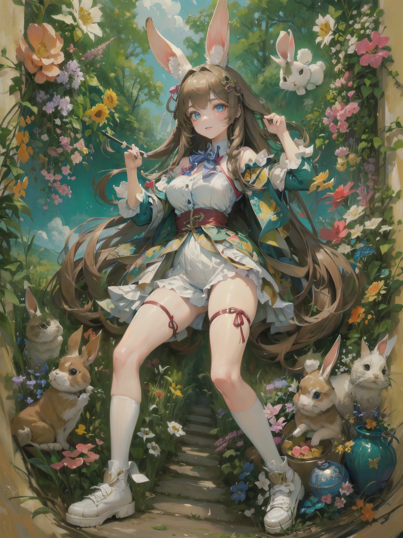 high quality,hd,16k,sharp line,1girl,rabbit ears,rabbit tail ,cute face, large breasts ,nice legs,,focus girl,detailed beautiful face,detailed clothes,beautiful eyes,sexy,dynamic angle