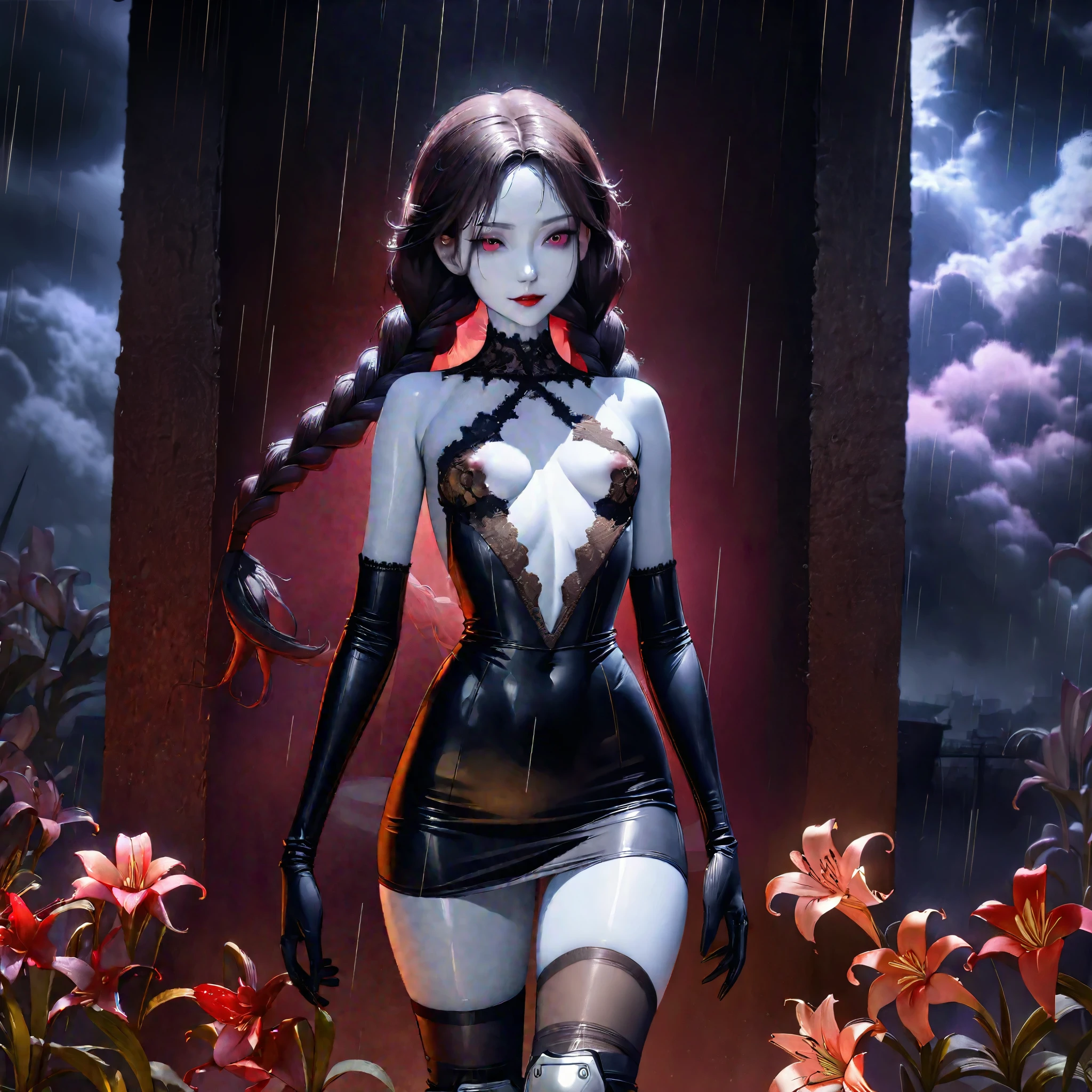 (((Create one girl 16+ years old.), (realistic), (close-up), (stands all tall)), ((Dark and mysterious), (Night, rain blood, gothic anime girl)))_(( (Gothic unusual masterpiece of art)),((ominous clouds, hauntingly beautiful, ethereal moonlight, eerie shadows))_((Beautiful figure, half-turn 16+ years),(realistic)),((small peach breasts, graceful figure, narrow waist, smooth hips)),((long double braids),(tight braids), (braided hair),(dark hair)),((red lips)), ((smile)))_ ((((Shiny skin:1.5, white skin, light skin: 1.5)),((sexy),(erotic),(cute),(nsfw)))_(((Bare shoulders, black lace dress)),(((black chiffon dress, very short dress, tight-fitting), (black), (transparent lace dress)),((stands almost completely naked, tattoos)))_(((Arms in elbow pads, palms in tactical gloves),(bare thighs, stomach )),((legs in combat knee pads, thigh-high stockings)), ((chunky leather lace-up boots)))_(((Impressive artistry, exquisite detail, dramatic lighting, vibrant red hues), (stunning lily flowers, red with black), (sinister lily flowers, strange symbols, surreal elements))_((Strong contrasts, eerie, artistic masterpiece, detailed textures, dark color palette, foreboding horror)))_(((Digital painting, anime style , cyberpunk), (best quality, 4k, high resolution, masterpiece: 1.2)),((ultra detail)),((realistic, photorealistic, photorealistic: 1.37)))_(((Soft clear shapes, wide strokes, attention to details)))_(((High quality, 16K | Ultra HD | Full HD))).