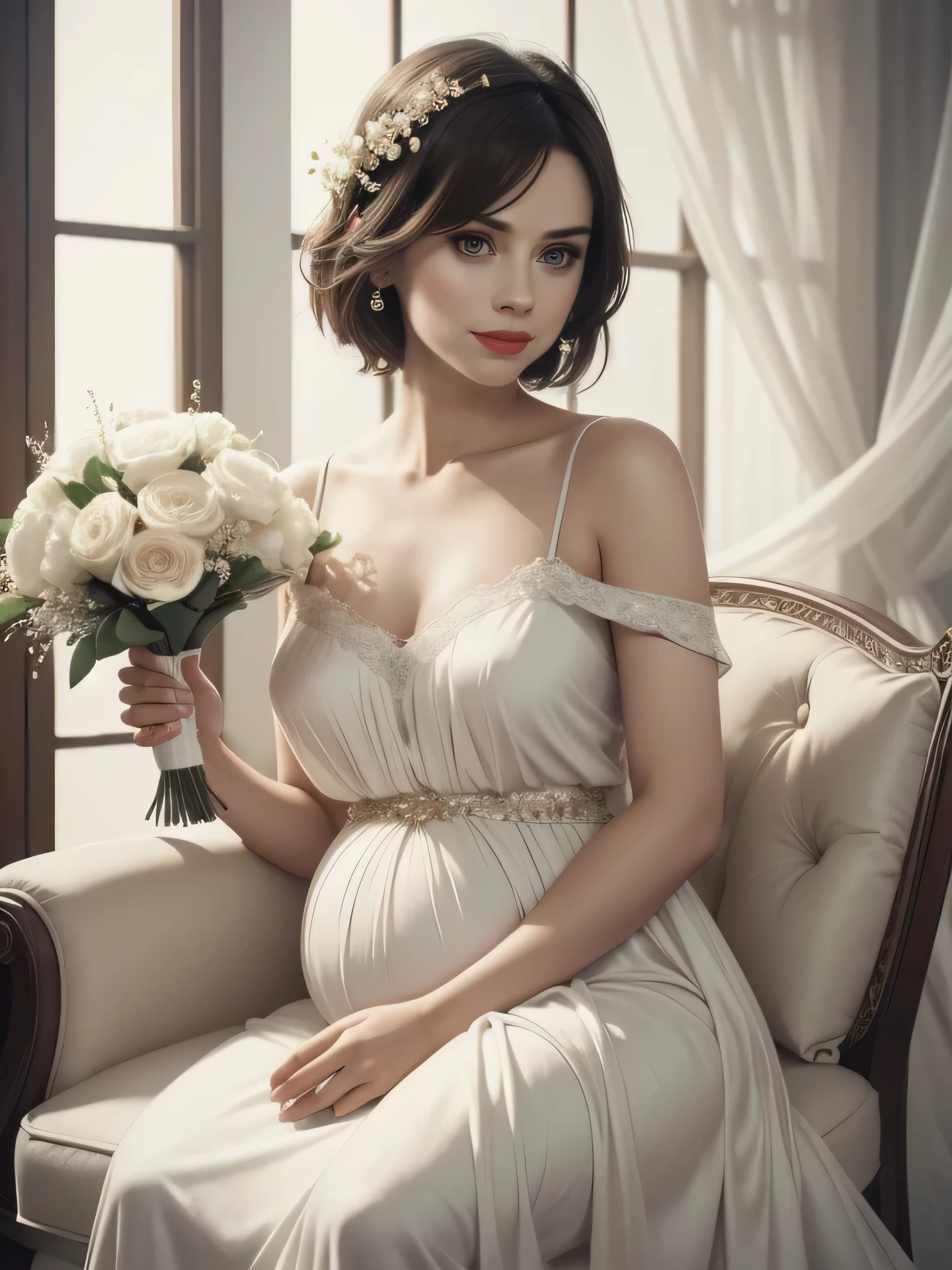 realistic,Brown short hair,smile,pregnancy,Asian,An arafi woman wearing a white dress sitting on a chair with a bouquet of flowers, Portrait inspired by Tan Yifeng, tumbler, baroque, soft elegant gown,exposed shoulders, ethereal fairytale, ethereal and dreamy, ethereal and dreamy theme, dreamy and ethereal, ethereal beauty, romantic gown, ethereal!!!!!!!, incredibly ethereal, very ethereal, ethereal!!!, white gown,bright background,slightly smaller breasts,