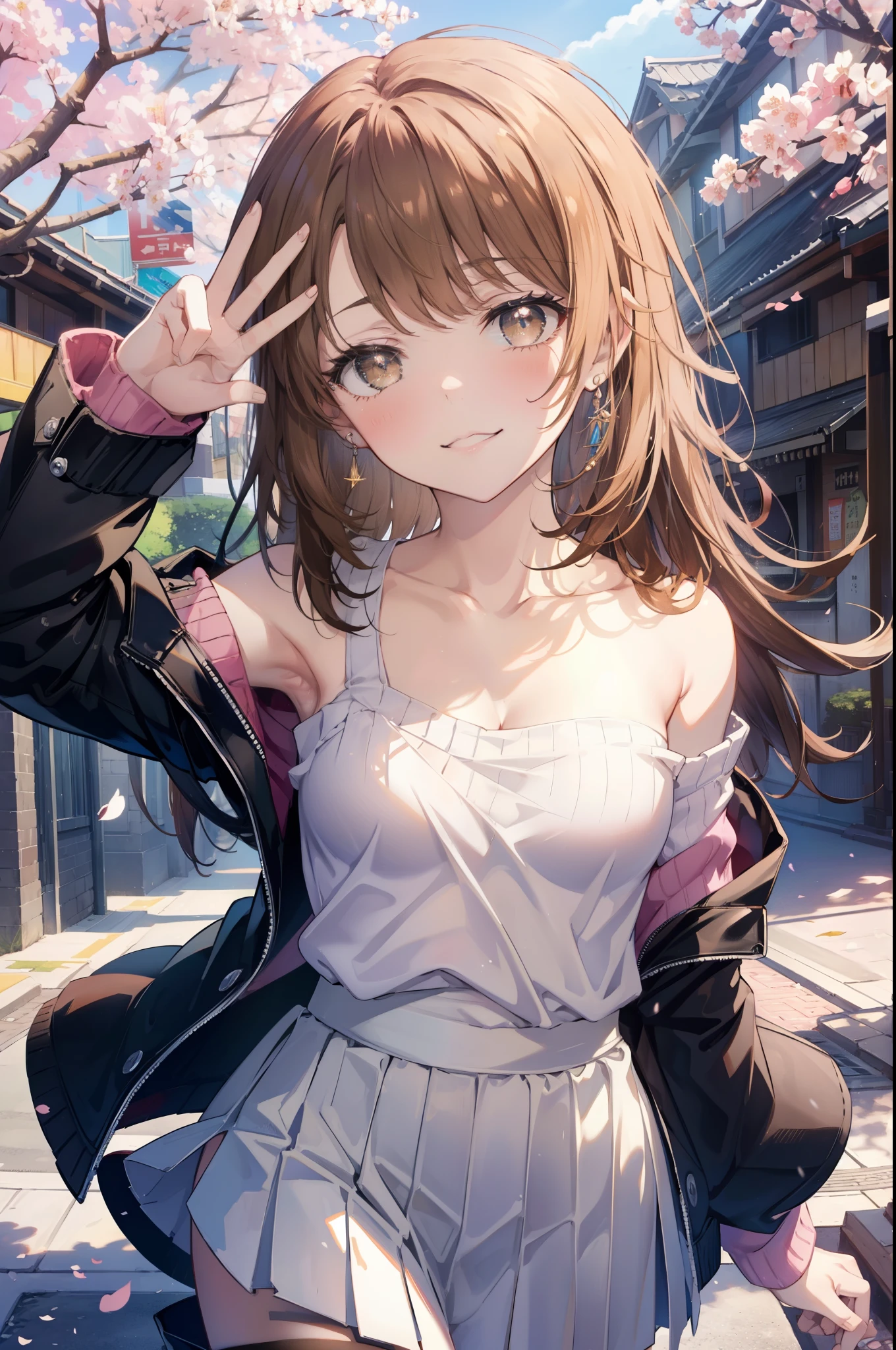 irohaisshiki, iroha isshiki, long hair, brown hair, (brown eyes:1.5), happy smile, smile, open your mouth,Put your hand over your mouth and make a peace sign,towards the camera,off shoulder sweater,bare shoulders,bare clavicle,naked neck,black long skirt,black tights,short boots,cherry blossoms are blooming,Cherry blossoms are scattered,
break indoors, Cherry blossom tree-lined path,
break looking at viewer,Upper body,
break (masterpiece:1.2), highest quality, High resolution, unity 8k wallpaper, (shape:0.8), (fine and beautiful eyes:1.6), highly detailed face, perfect lighting, Very detailed CG, (perfect hands, perfect anatomy),