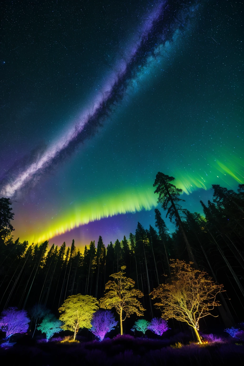 In the foreground of this surreal scene, a glowing forest comes to life, emitting the text "WADA' WADA' YA RAMADHAN" in electric blue, bright purple, and neon green. The trees and plants emit an ethereal glow, their leaves shimmering with a metallic sheen, and the bark softly pulsing with light.
Above this alien landscape, the sky is a canvas of cosmic wonders. Several moons of varying sizes and vibrant colors hover low, their intricately detailed surfaces revealing unique geographies and captivating mysteries. The stars are strewn across the sky in dense clusters, their luminosity offering a stunning
