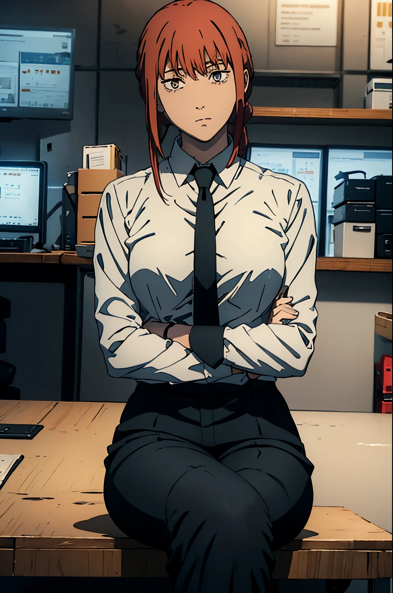 makima from chainsawman, wearing her iconic white long sleeve, black tie, wearing black dark business pants, black business suit, hair braided, sitting, office setting, legs crossed, looking at camera 