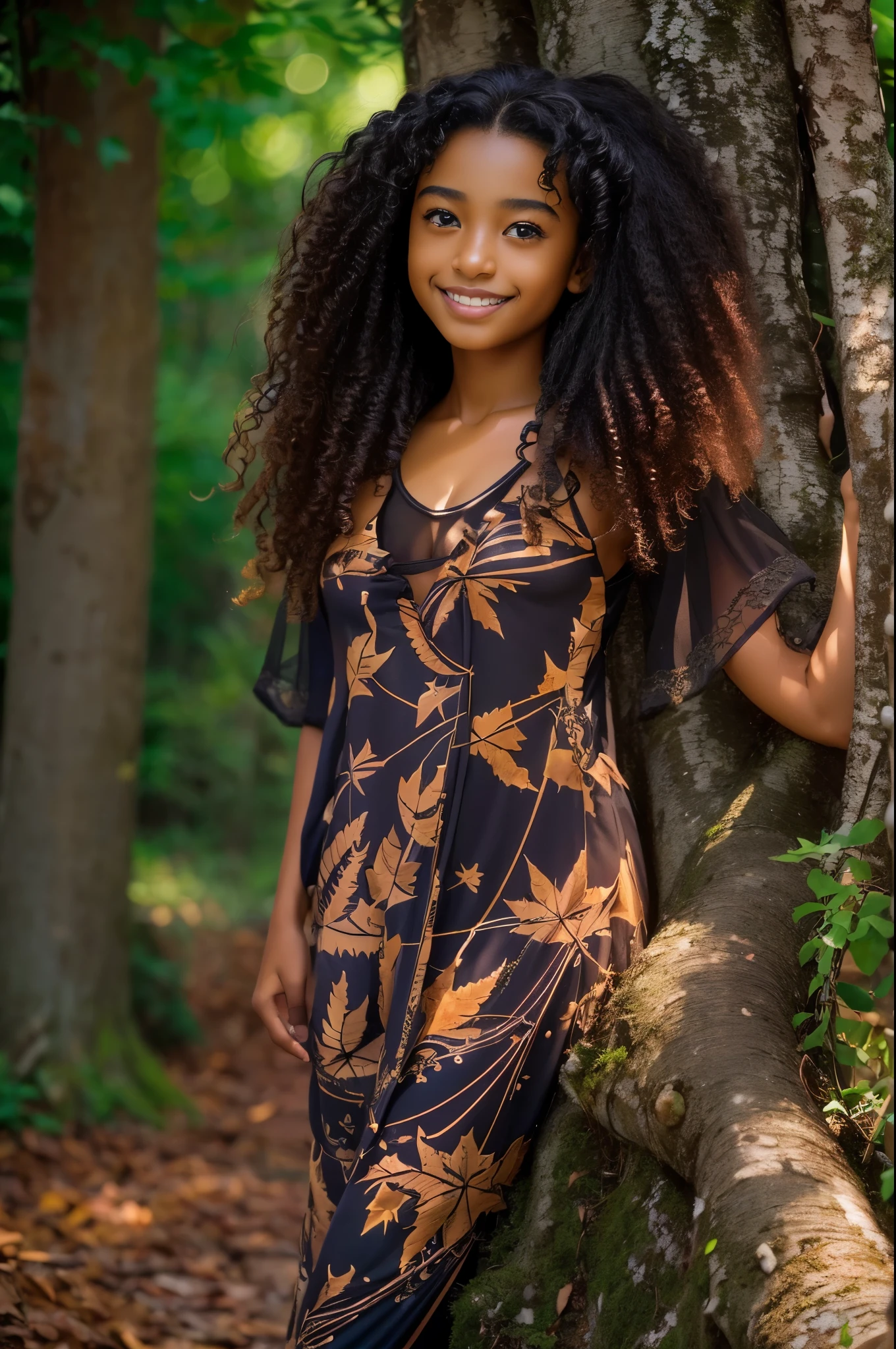 (portrait, editorial photograph of a beautiful black girl age 13, adorable face, long brown curly hair, ((hazel eyes)), nikon d850, film stock photograph ,4 kodak portra 400 ,camera f1.6 lens ,rich colors ,hyper realistic ,lifelike texture, dramatic lighting, (highly detailed face:1.4), perfect eyes, realistic iris, perfect teeth, (smile:0.7), (background dark, shadow of the leaves), ((cleavage)), ((nudist))
