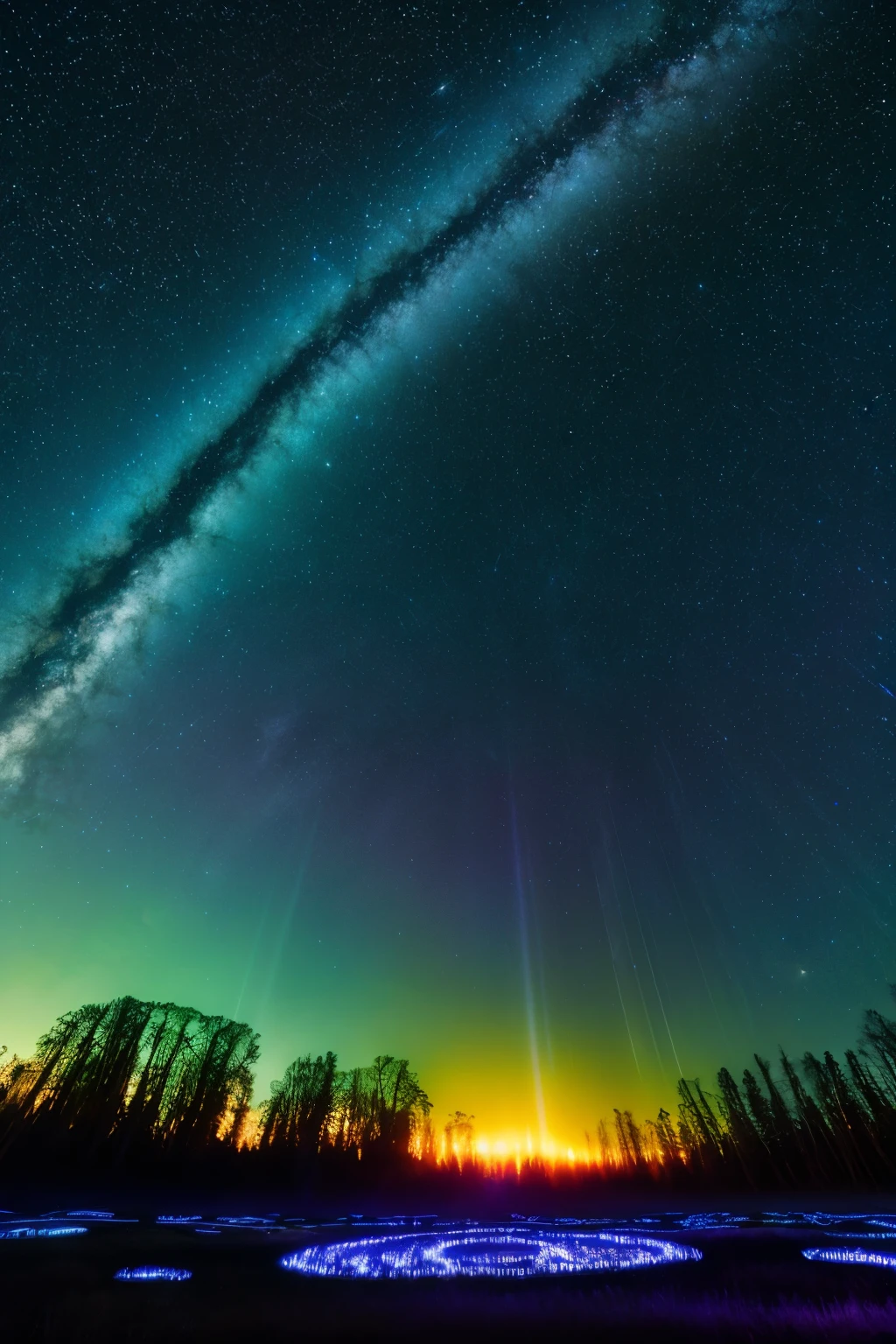 In the foreground of this surreal scene, a glowing forest comes to life, emitting the text "WADA' WADA' YA RAMADHAN" in electric blue, bright purple, and neon green. The trees and plants emit an ethereal glow, their leaves shimmering with a metallic sheen, and the bark softly pulsing with light.

Above this alien landscape, the sky is a canvas of cosmic wonders. Several moons of varying sizes and vibrant colors hover low, their intricately detailed surfaces revealing unique geographies and captivating mysteries. The stars are strewn across the sky in dense clusters, their luminosity offering a stunning