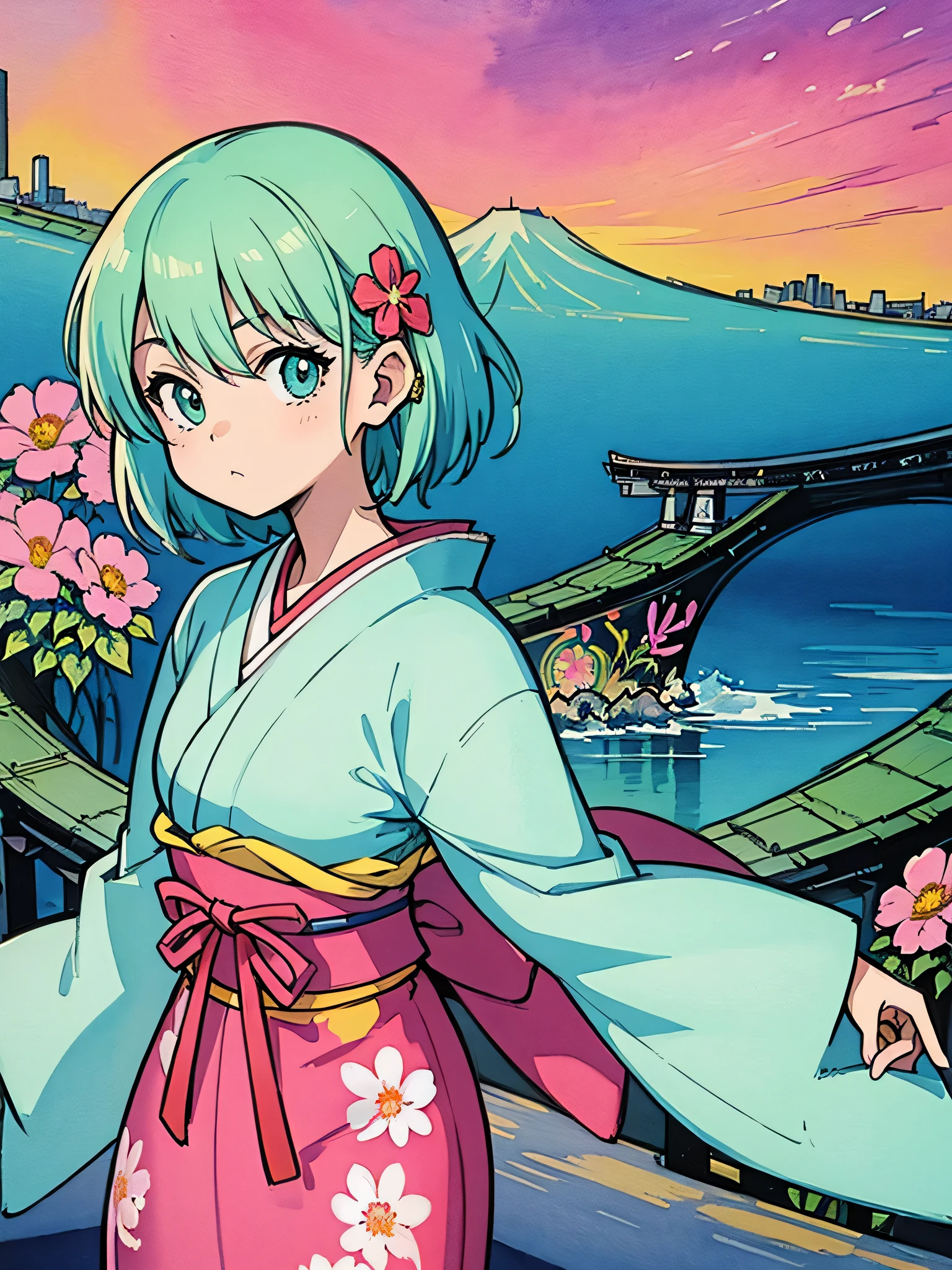 8K quality, Akira Toriyama style, Kawaii Design, intense watercolor, watercolor detailed art, watercolor splash, surreal, avant-garde pop art, Beautiful and expressive paintings, Beautiful artwork illustration, very colorful tones, wonderful, cool beauty, highest quality,official art, vector art,stylish design, (((The cutest girl))), (((Japanese)))、(((highest quality))), HDR, ((Detailed details)), (((graffiti art))), ((masterpiece))、((Super detailed))、(((colorful flowers)))、(((Japanese cityscape)))