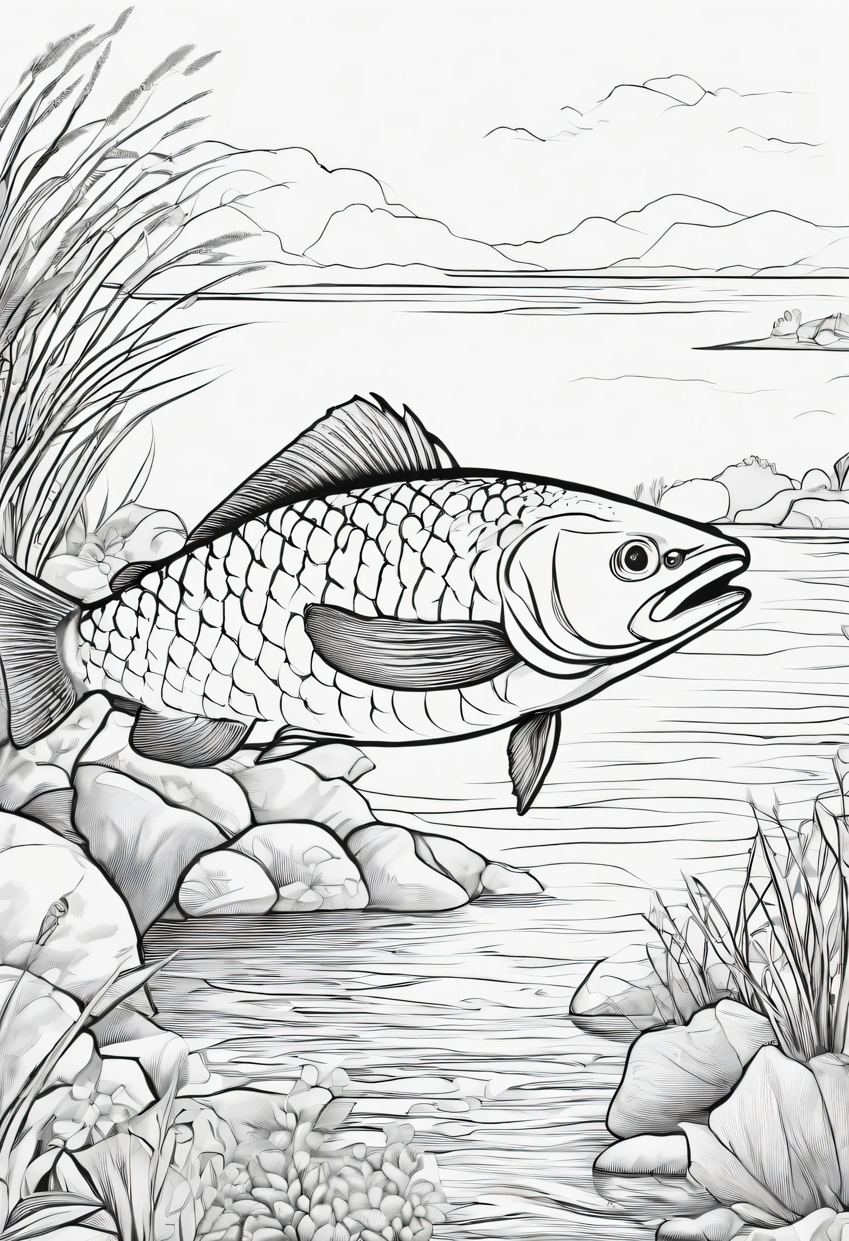 The Fish Coloring Book images in line art of fish and fisherman for kids ages 4-8 6-12. Do not write anything on the image