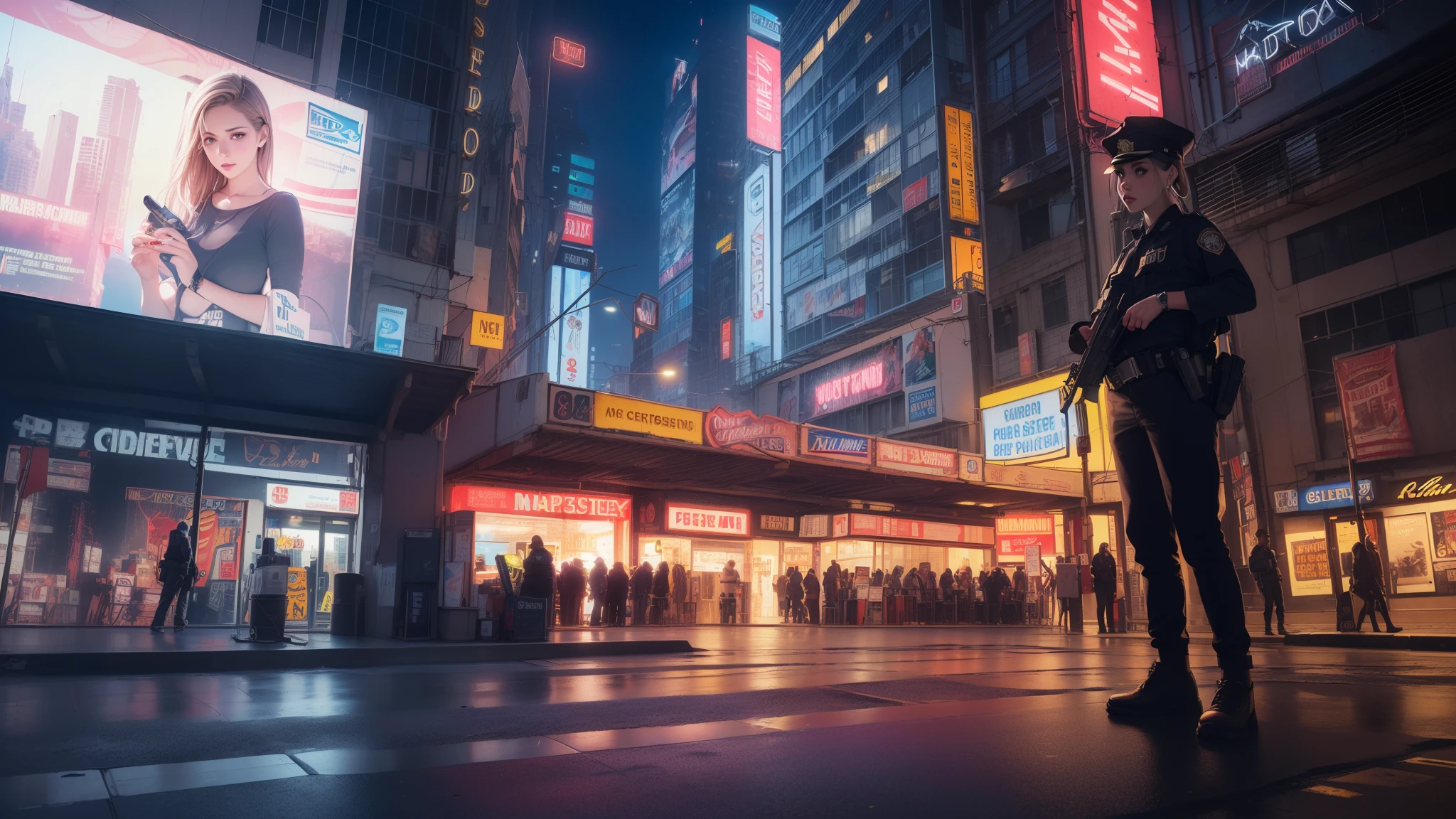 (best quality,4k,8k,highres,masterpiece:1.2),ultra-detailed,(realistic,photorealistic,photo-realistic:1.37),1girl,a fullbody,landscape,cyberpunk,city,street,(((advertising banners))),crime scene,Police,detective,(neon:1.4),skyscrapers