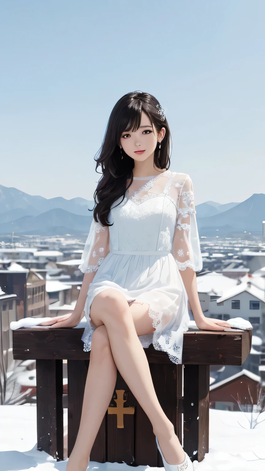 (((Masterpiece))),((top quality)),one beautiful Japanese girl,Pale, (A character that personifies snow: 1.5), (snowflake 1.5)、(((the whole body is white:1.5)))、(belly button)、(Pure white lace dress:1.5),(plain clothes), (skin revealing),(The background is in the snow 1.5).(((from the front:1.5)))、(straight front: 1.5)、(((cross your legs:1.5)))