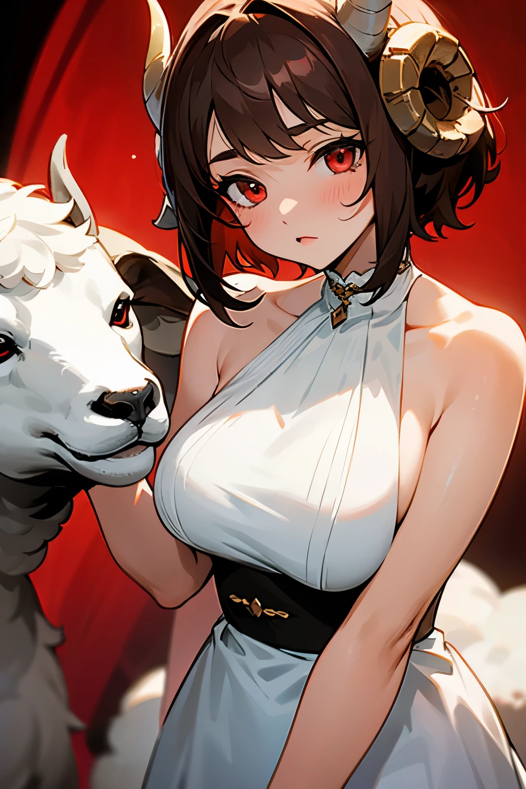 Girl, sheep horns, short brown hair, red eyes, white dress, big breasts