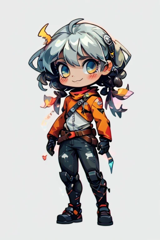 stiker,simple background,white background, draw only girl,((best quality)),in 8K,cinematic lighting,ray trace, cute, kawaii,1 girl,small kid,silver brite hair,twin tail hair,golden eyes,eyes are shining,smile face,girl wearing heavy combat suit, skin color light brown,skinny,big eyes