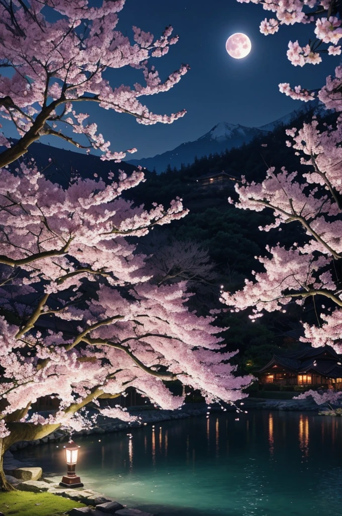 highest quality、Cherry blossoms at night、Cherry tree in full bloom、full moon、petal、light up、beautiful、fantasy