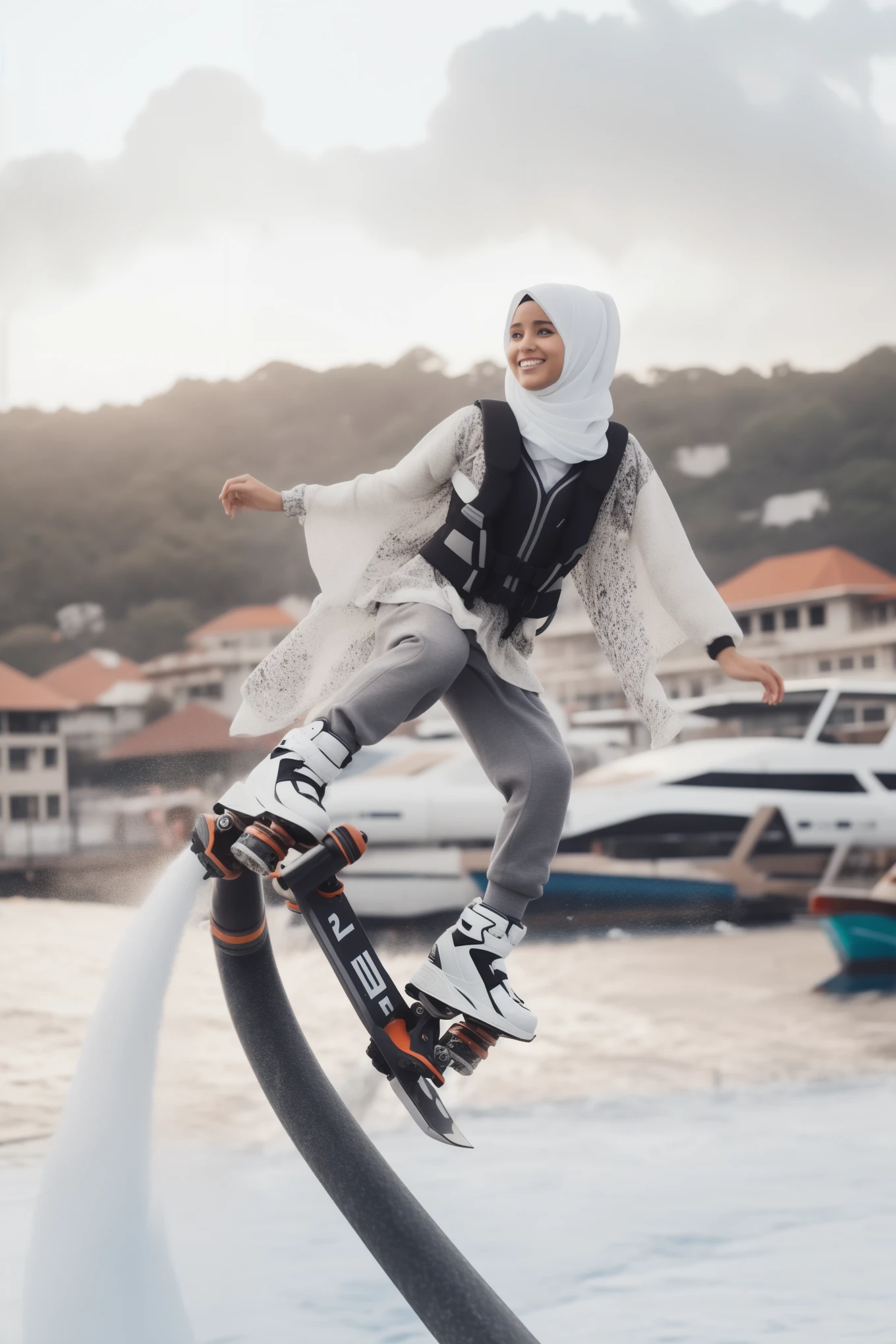 there is a woman riding a skateboard on a rail, hoverboard, hoverboards, great masterpiece, 🐋 as 🐘 as 🤖 as 👽 as 🐳, a woman floats in midair, incredible masterpiece, hijab, levitating, wearing jetpack, 🕹️ 😎 🔫 🤖 🚬, wonderful masterpiece, action sports, jetpack, serena malyon