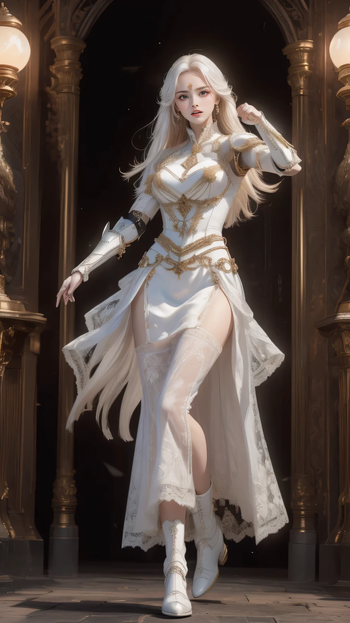 (random fighting pose:1.5),(Cinematic scene,Fantasy Art,Highest image quality,(8K),Ultra-realistic,Best Quality,High quality,High Definition,high quality texture,high detailing,Beautiful detailed,fine detailed,extremely details CG,Detailed texture,realistic representation of face,masterpiece,presence,Dynamic,Bold),1gir,Ultra detailed skin,Curve,Beautiful breasts,Large breasts,pale skin,pointed breast,Erect nipples,(Thin hair),(Soft hair),(Ultra straight hair),Swept long bangs,Extra bright coppery amber hair,Hair over one eye,(leather boots,(asymmetrical mecha armor),(long embroidered white lace dress,see through:1.2))