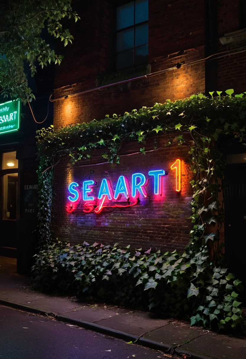 A neon sign that reads "SeaArt #1" on an ivy covered brick wall in a dark and dimly lit street