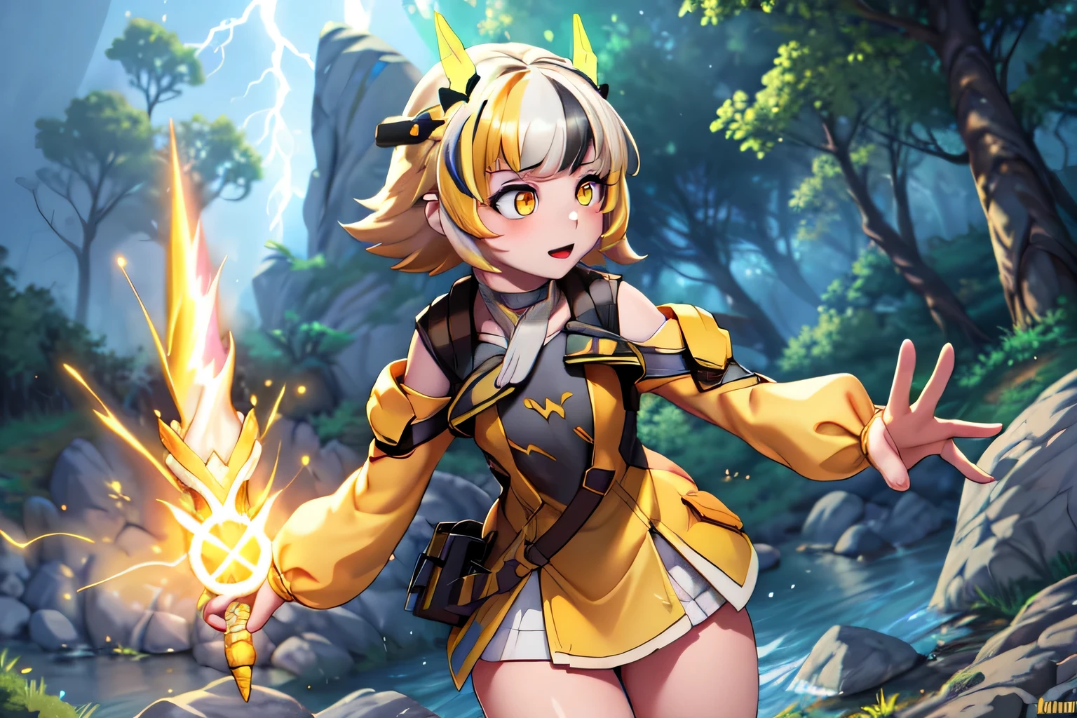 (masterpiece, best quality:1.2), 1girl, solo, ishar, hackerTP, yellow eyes, streaked hair, short dress, headgear, yellow jacket, dynamic pose, casting a spell, holding wand, light, lightning, holding, happy, magic, battle, fight, crowd, fantasy, wide angle, forest, trees, rocks, rocky terrain, sunlight, day, river