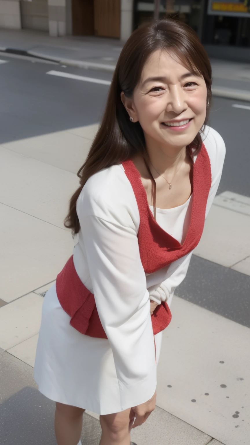 ((highest quality)), ((8K)), ((masterpiece:1.3)), (perfect appearance), (photorealism:1.2), ((A woman standing in the middle of the city)), japanese woman, (47 years old), married woman, ((High quality skin texture 1.6)), (moisturized skin), wrinkles on the face, (Wrinkles at the corners of the eyes:1.2), double eyelids, Tear bag on lower eyelid, (Crying Kuroko:1.27), long hair, (ウェーブしたlong hair), (Hair hanging over the ears), Thin blouse with wide neckline, flare long skirt, smiling kindly, (Age-appropriate skin roughness:1.6), (Stand with your legs shoulder-width apart), high heels, ((whole body)), (standing position), vagina visible, (super low angle:1.5), (Angle from directly below),