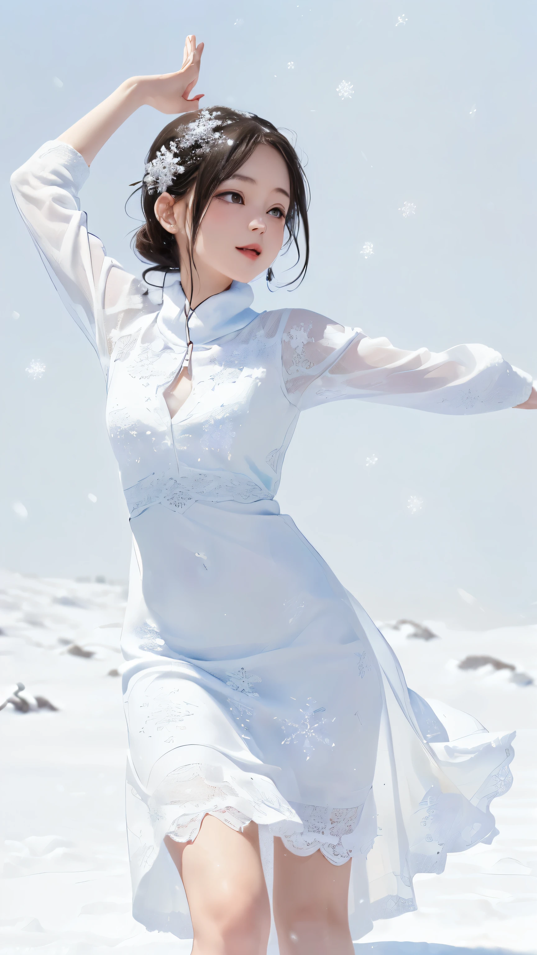 (((Masterpiece))),((top quality)),one beautiful Japanese girl,Pale, (A character that personifies snow: 1.5), (snowflake 1.5)、(((the whole body is white:1.5)))、(belly button)、(Pure white lace dress:1.5),(plain clothes), (skin revealing),(The background is in the snow 1.5).(((from the front:1.5)))、(straight front: 1.5)、(((Dancing in the snow:1.5)))