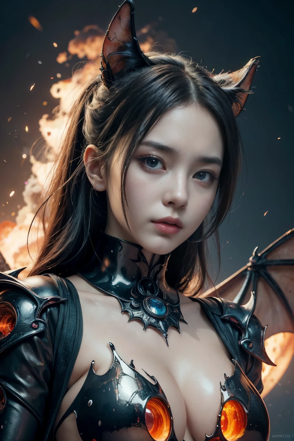 (high quality), (masterpiece), (detailed), 8K, Hyper-realistic portrayal of a futuristic (1girl1.2), Japanese character surrounded by molten magma with bats. Meticulous details capture the dynamic fusion of tradition and innovation in this visually stunning composition. Trending on Artstation.