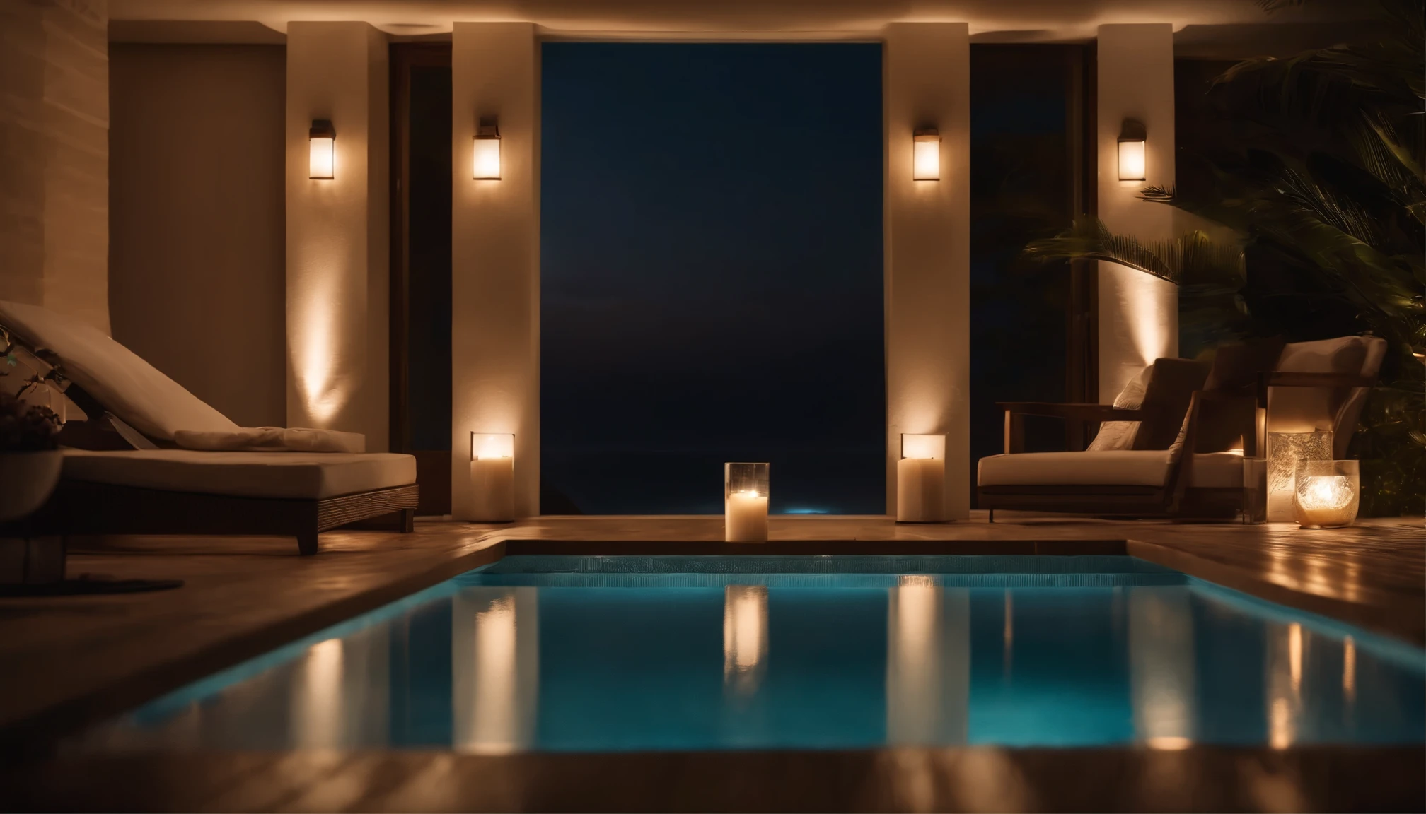 Commercial photography, real photography, movie style, photorealistic, 8K. Quiet night atmosphere. The stars are beautiful in the sky. Relax by the pool in an exclusive Dubai cottage by the sea with an infinity pool. Looking out at the ocean from across the pool, with the moonlight reflecting off of it. Fantastic atmosphere, calming indirect lighting. A relaxing space with candles, books, and alcohol on the table.