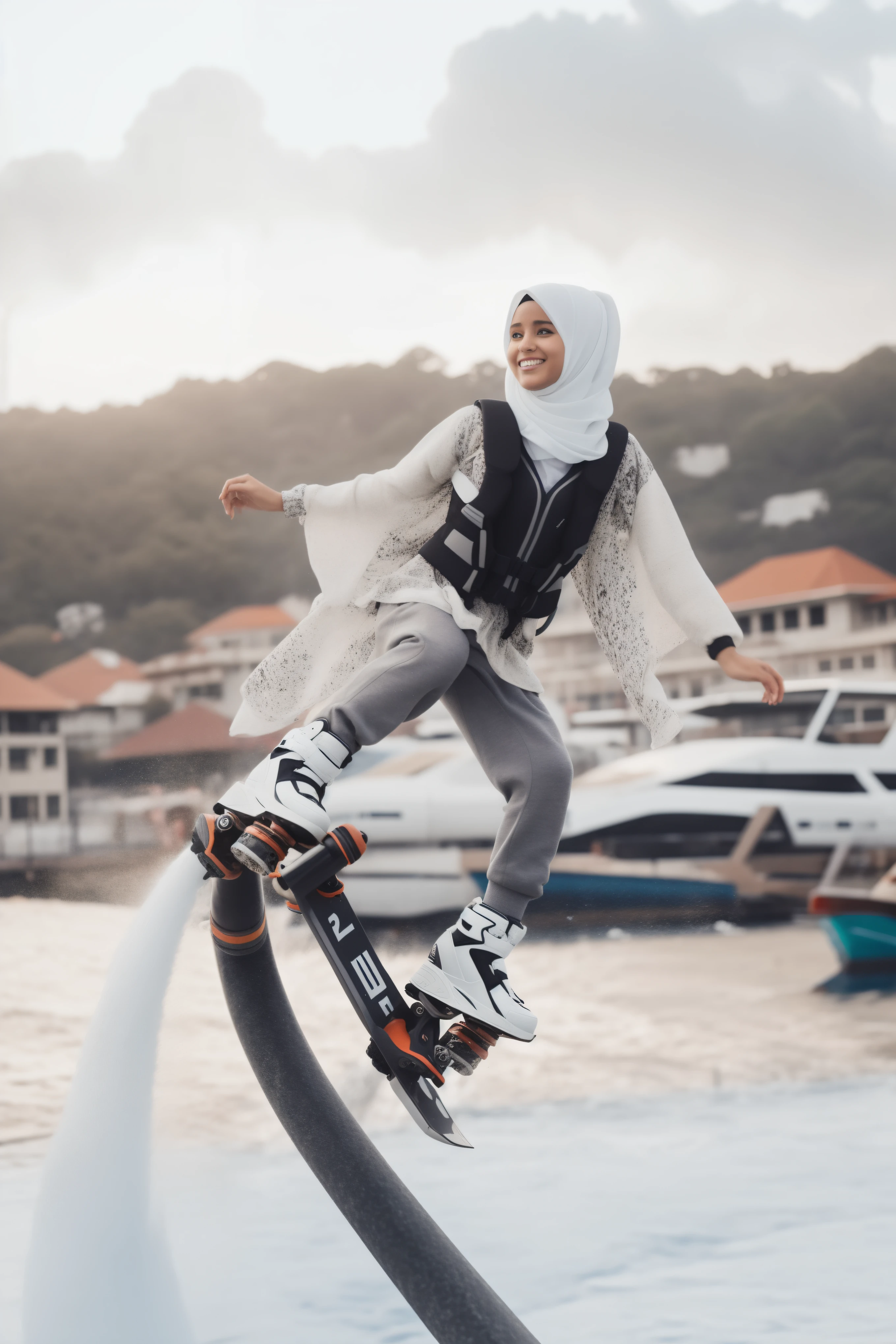 a beautiful 21 year old pure white woman wearing a hijab, jeans and a light colored top, doing flyboarding activities on the water with a stream of water pushing her off the board. The background should include a harbor with cranes and the sky should be slightly overcast. realistic photography