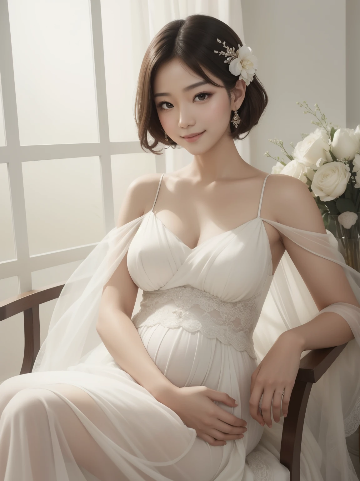 realistic,Brown short hair,smile,pregnancy,Asian,An arafi woman wearing a white dress sitting with her legs bent on the floor, Portrait inspired by Tan Yifeng, tumbler, baroque, soft elegant gown,exposed shoulders, ethereal fairytale, ethereal and dreamy, ethereal and dreamy theme, dreamy and ethereal, ethereal beauty, romantic gown, ethereal!!!!!!!, incredibly ethereal, very ethereal, ethereal!!!, white gown,bright background,slightly smaller breasts,,No shoulder straps,soft expression、ring,お腹を見つめてsmile