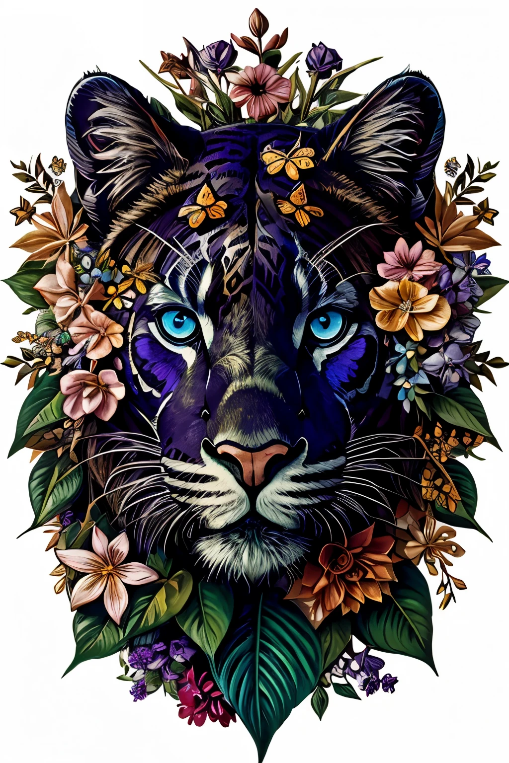 contemporary art collage, Panther head, With flowers and leaves, some smart insects, painted, Super detailed, full color, bright colors, 8K, actual