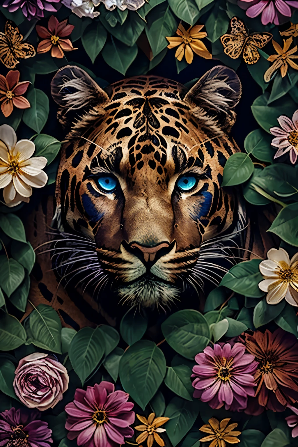 contemporary art collage, Panther head, With flowers and leaves, some smart insects, painted, Super detailed, full color, bright colors, 8K, actual