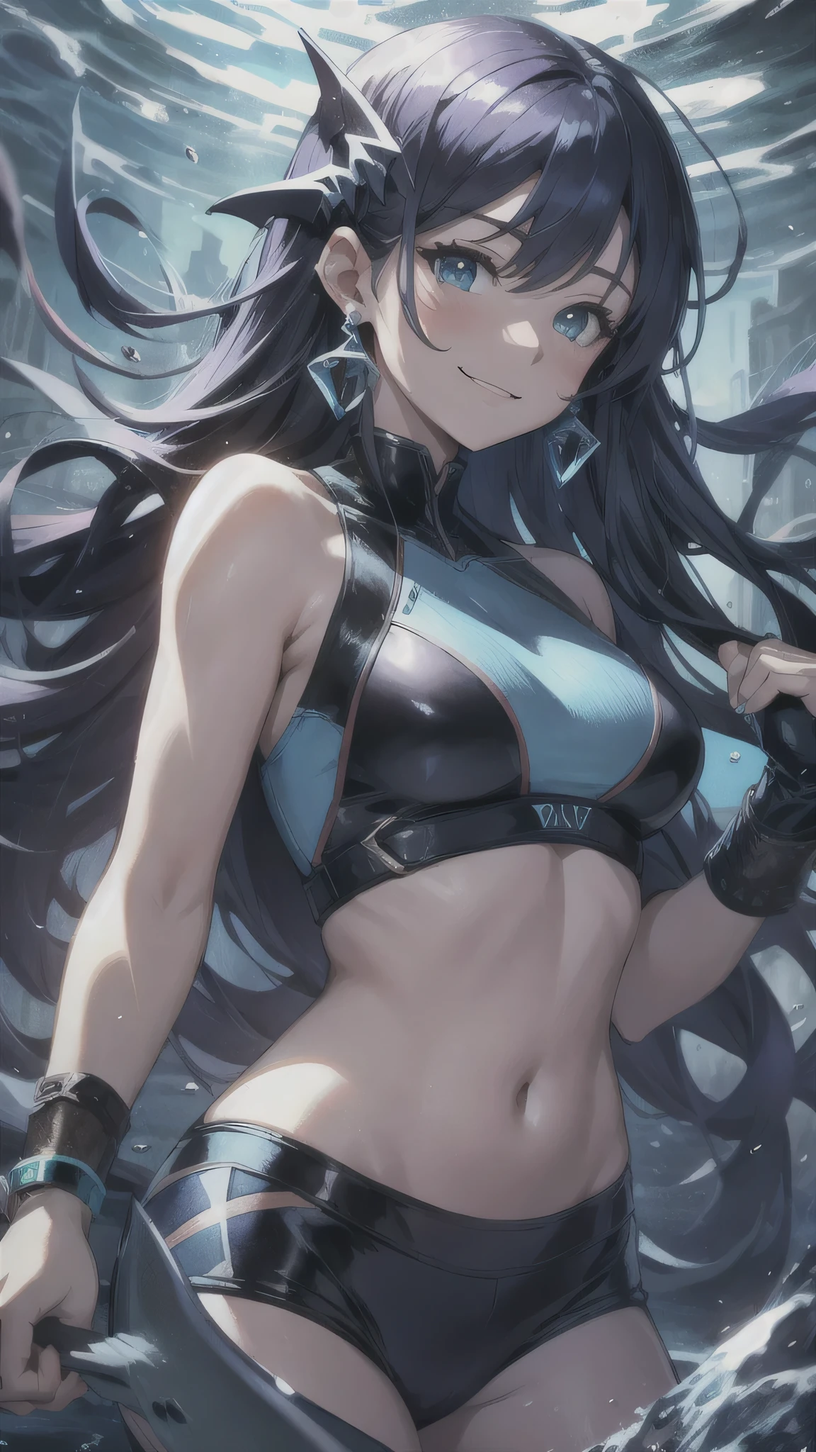 最high quality、best image quality、masterpiece、girl((20-year-old、 By becoming、vest bust、medium bust,wide open breast tea、shining eyes, water hair、long hair、thin,highest valley、blue sports bra、Blue sports pants,diamond earrings、Wristband、black gloves、swimming、Sea、smile、smile、swimming motion)),high quality、beautiful art、background((deep sea、Sea、shark、))、Flight、debris flies、Depth of written boundary、movie、visual art、perfect art、8K,genuine、Sea art、anime style