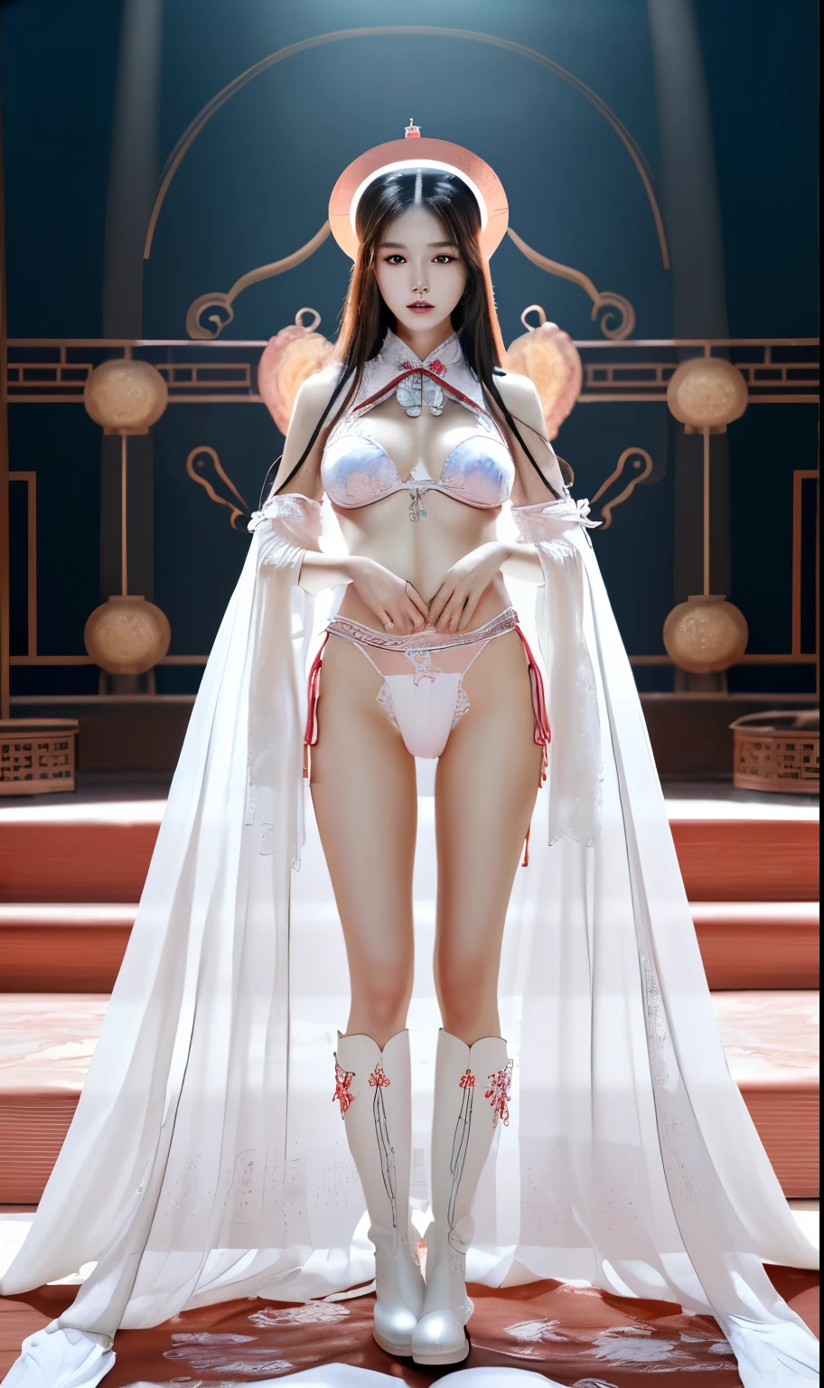 beautiful and delicate woman,The eyes and face are very detailed, exquisite eyes, super detailed, High resolution, The content is very detailed,best quality,EnLightenment,unity,8k wallpaper,masterpiece,best quality,imagine，1 girl，Chinese ancient clothes, Wear sexy white bikini armor，Metal style, big breasts, high cut underwear, 盔甲有圖案Metal style的, Big red priest cloak，priest hat，standing posture，long legs，Put on pink blue and white boots，look at the audience，facing the audience，flowing long hair，Surreal 8000g，Impeccable，masterpiece，professional artwork，famous artwork，Light，movie bloom，perfect face，pretty face，fantasy，Dreamy and magical，not real，intricate details，Exquisite pattern…Korean woman’s face