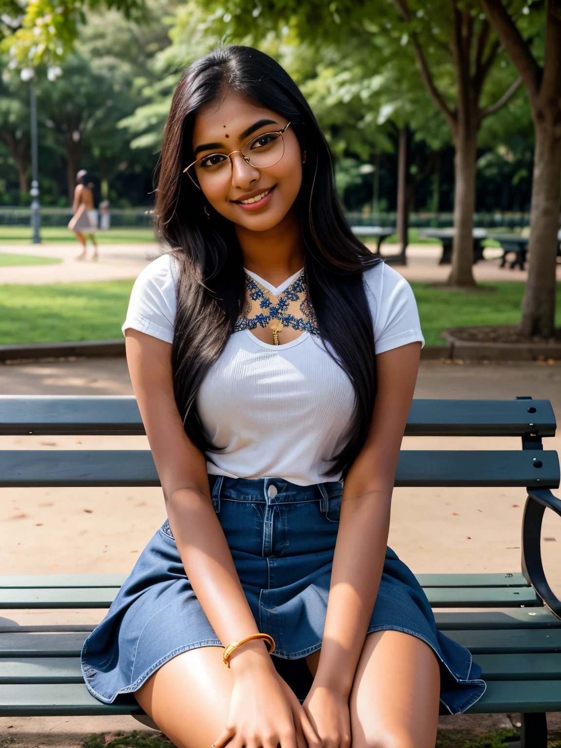 Tamil girl,18 year old, joyful face, dark specs, necklaced waistlaced thin cloth, long denim skirt, sports shoes, sitting cross legged on a bench, inside a park, beautiful colors with intricate details, realistic face, realistic body