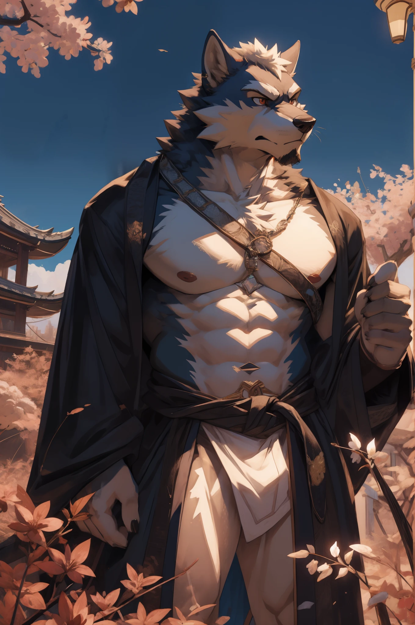 Masterpiece, official art, furry, male, anthropomorphic gray wolf, delicate face, delicate eyes, tattoo on chest, azure eyes, white loincloth, kerosene lamp, red vertical on forehead, red eyeliner at the corner of the eye, sword in hand: 1.2, depth of field, perfect lighting, light particles, (best quality), (masterpiece), (hyperdetail), sharp focus, light particles, scene reed field, traditional Japanese clothing, white (Fundoshi), (open) black formal kimono)