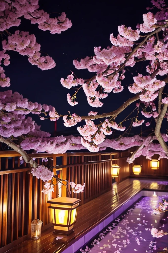 highest quality、Cherry blossoms at night、Cherry tree in full bloom、full moon、petal、light up、beautiful、fantasy