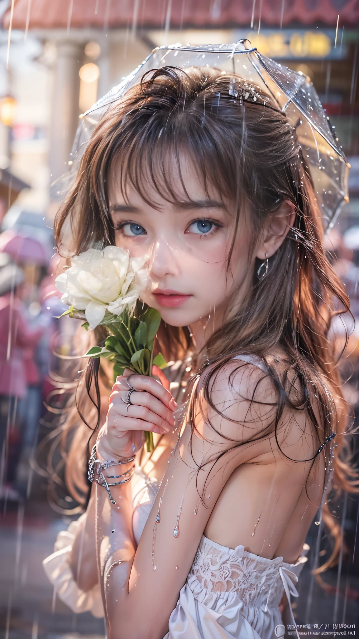 (RAW shooting, Photoreal:1.5, 8K, highest quality, masterpiece, ultra high resolution), expression of sadness:0.6, perfect dynamic composition:1.2, modern city night, In front of the church, (((Typhoon heavy rain))), Highly detailed skin and facial textures:1.2, Slim office lady wet in the rain:1.3, Fair skin:1.2, sexy beauty:1.1, perfect style:1.2, beautiful and aesthetic:1.1, very beautiful face, water droplets on the skin, (rain drips all over my body:1.2, wet body:1.2, wet hair:1.3), (Holding a wet bouquet:1.2, wet pink wedding dress:1.3), (Medium chest, the bra is transparent, Chest gap), (cry:0.5, lovelorn:0.5, The expression on your face when you feel intense caress, Facial expression when feeling pleasure), (beautiful blue eyes, Eyes that feel beautiful eros:0.8), (Too erotic:0.9, Bewitching:0.9), cowboy shot, necklace, earrings, bracelet
