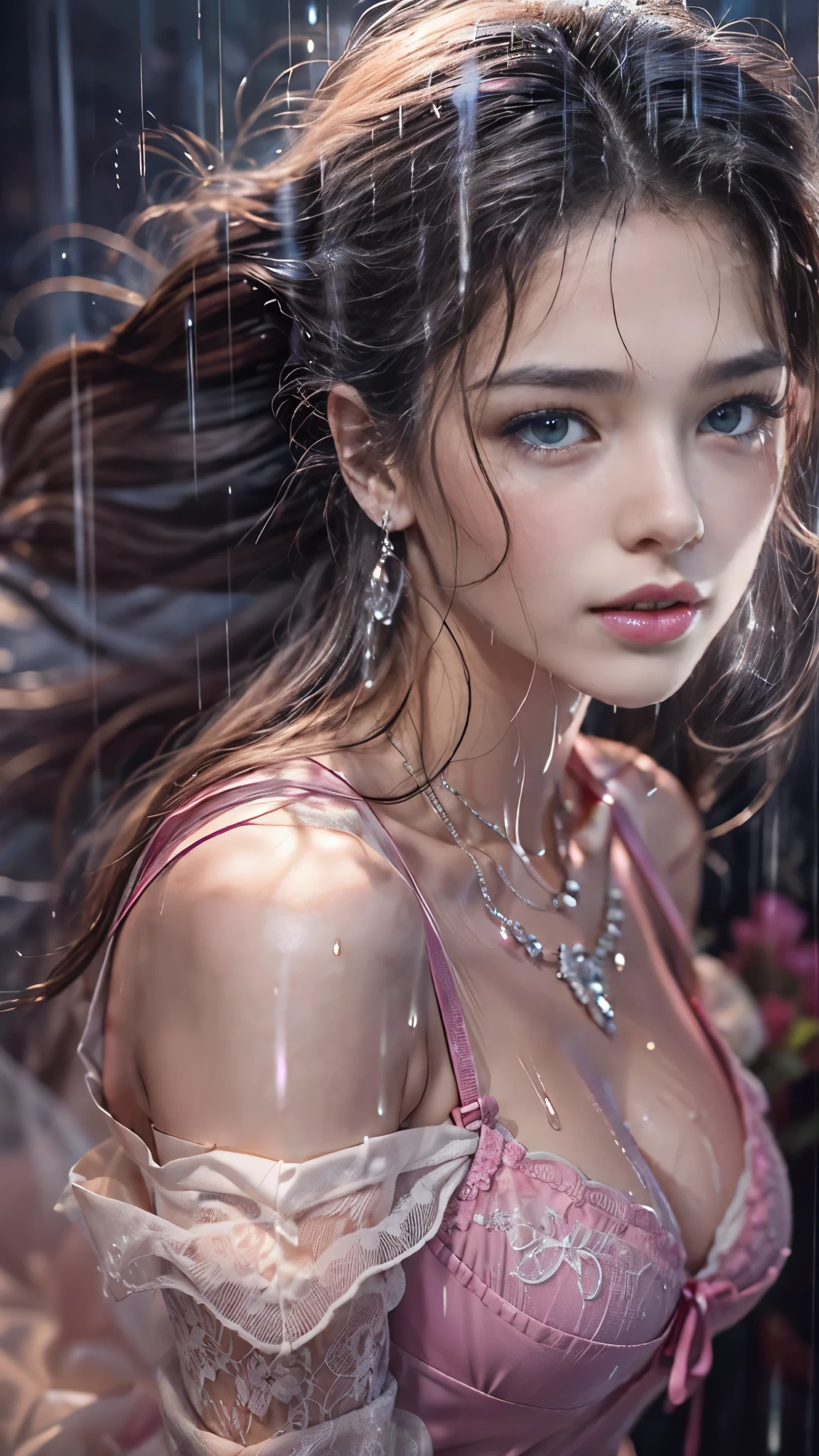 (RAW shooting, Photoreal:1.5, 8K, highest quality, masterpiece, ultra high resolution), expression of sadness:0.6, perfect dynamic composition:1.2, modern city night, In front of the church, (((Typhoon heavy rain))), Highly detailed skin and facial textures:1.2, Slim office lady wet in the rain:1.3, Fair skin:1.2, sexy beauty:1.1, perfect style:1.2, beautiful and aesthetic:1.1, very beautiful face, water droplets on the skin, (rain drips all over my body:1.2, wet body:1.2, wet hair:1.3), (Holding a wet bouquet:1.2, wet pink wedding dress:1.3), (Medium chest, the bra is transparent, Chest gap), (cry:0.5, lovelorn:0.5, The expression on your face when you feel intense caress, Facial expression when feeling pleasure), (beautiful blue eyes, Eyes that feel beautiful eros:0.8), (Too erotic:0.9, Bewitching:0.9), cowboy shot, necklace, earrings, bracelet