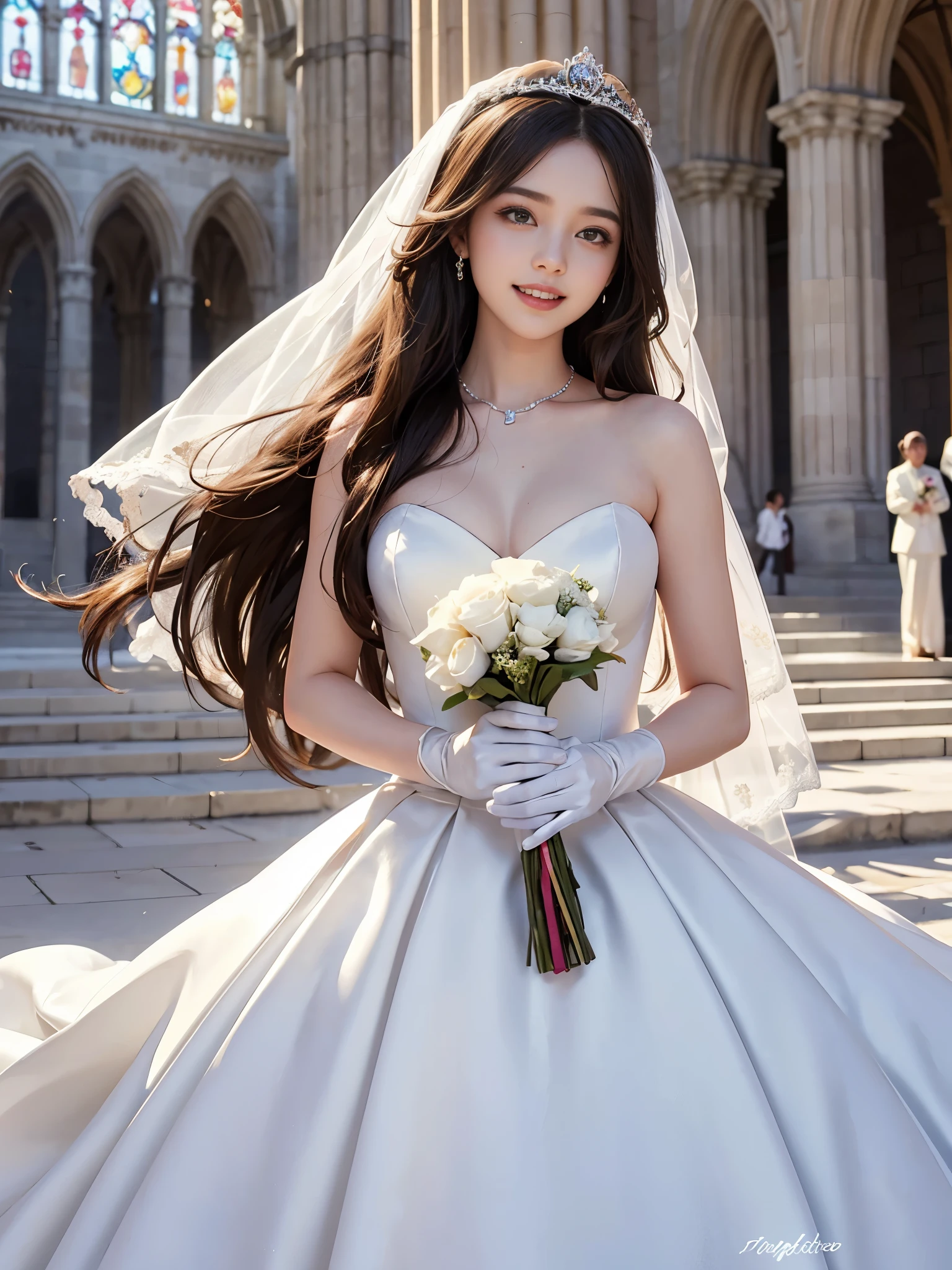 best quality, masterpiece, 1 girl, (huge laugh), cute , shiny lips, sweet, sun glare, Conservative attire, wedding dress, white gloves, bouquet, bridal tiara, depth of field, blurred background, Cathedral Background, light particles, strong wind, head tilt, long hair,